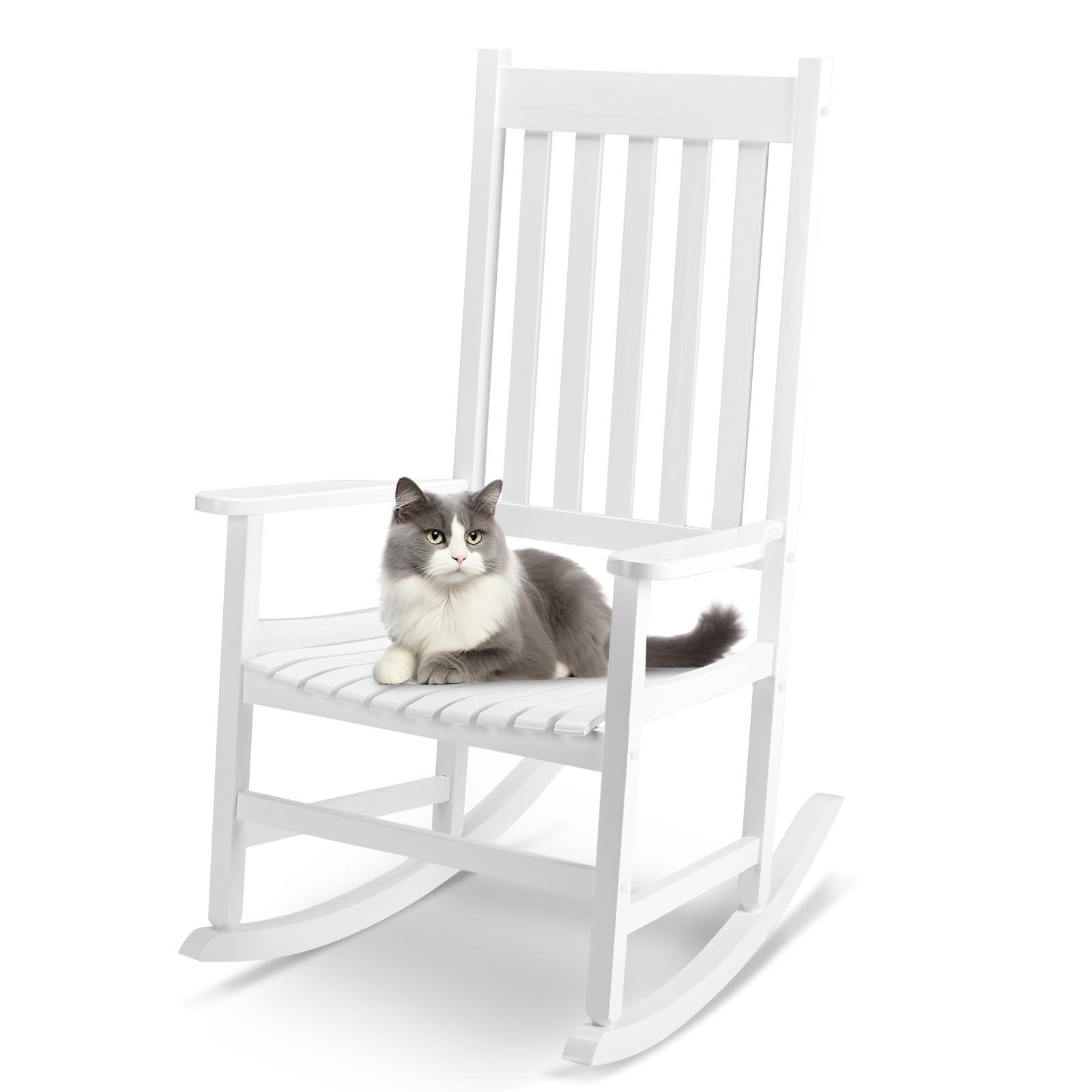 Outvita Outdoor Rocking Chair, Solid Wood High Back Rocker, All Weather Lounge Chair for Porch Patio Fire Pit Garden Backyard Deck Indoor, Natural