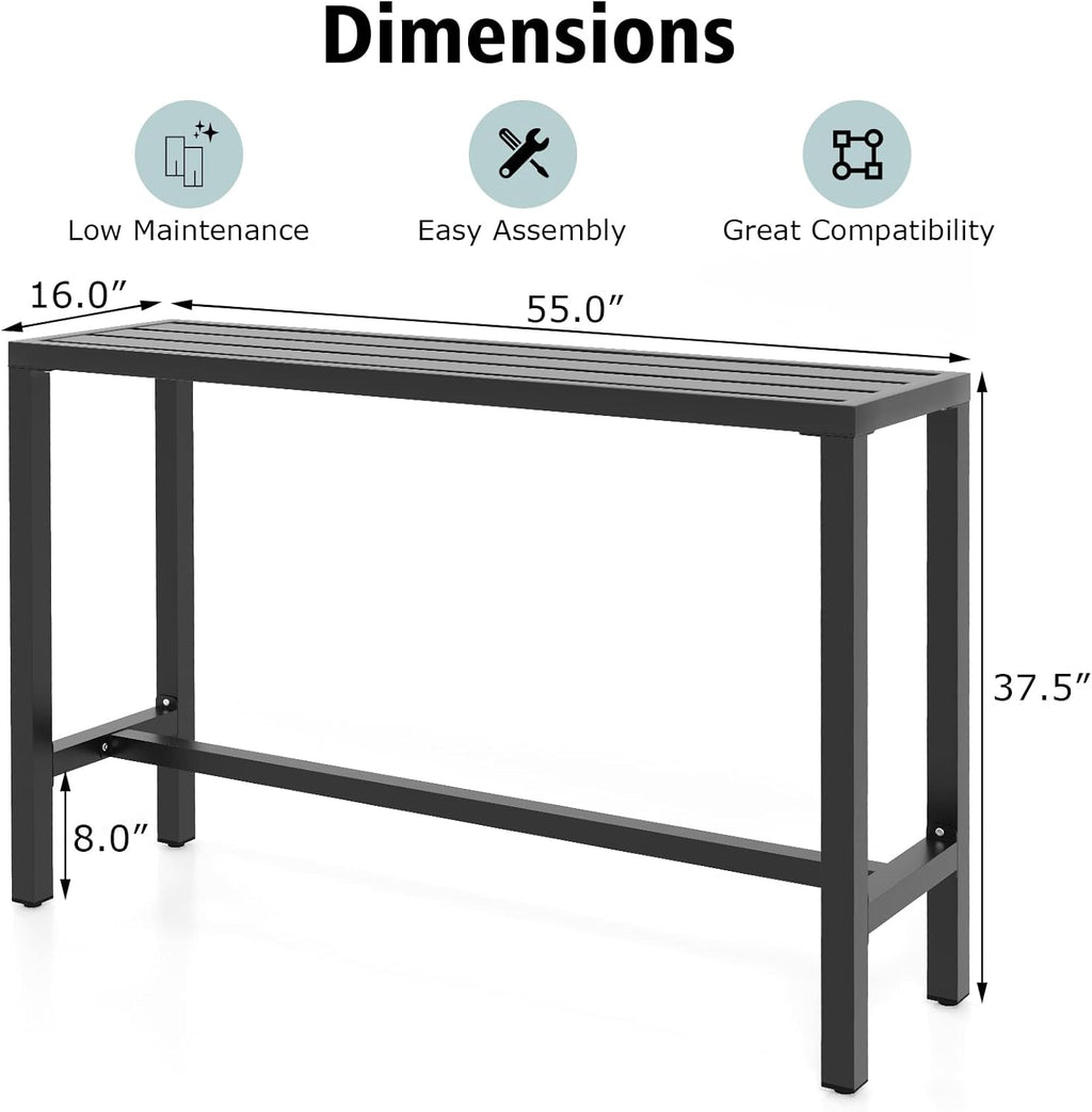 55" Outdoor Bar Table, Waterproof Rectangular Pub Table Black