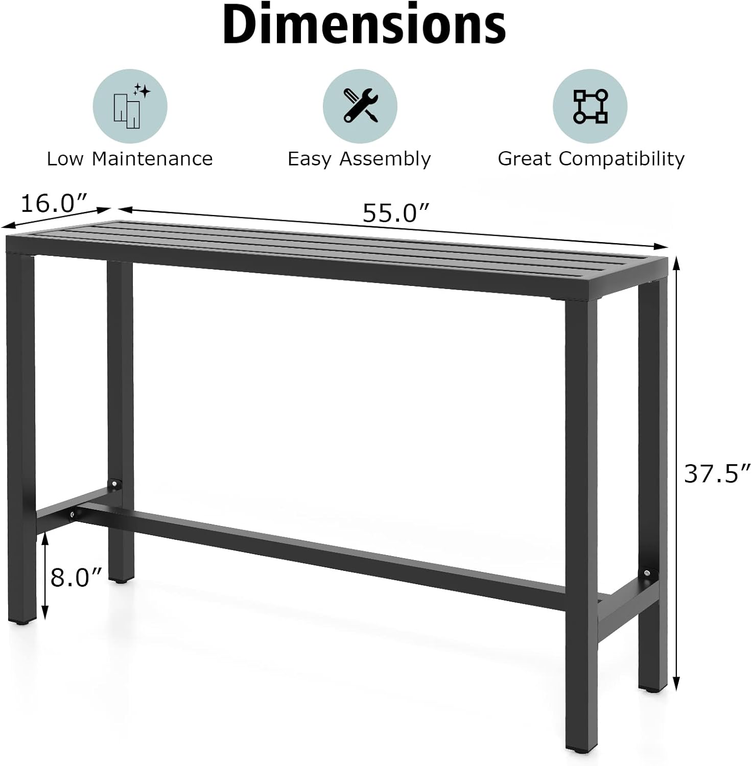 55" Outdoor Bar Table, Waterproof Rectangular Pub Table Black