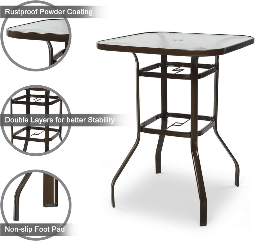 VINGLI Outdoor Bar Table with Umbrella Hole, Metal Patio Bar Height Pub Table for Patio High Top (Brown)