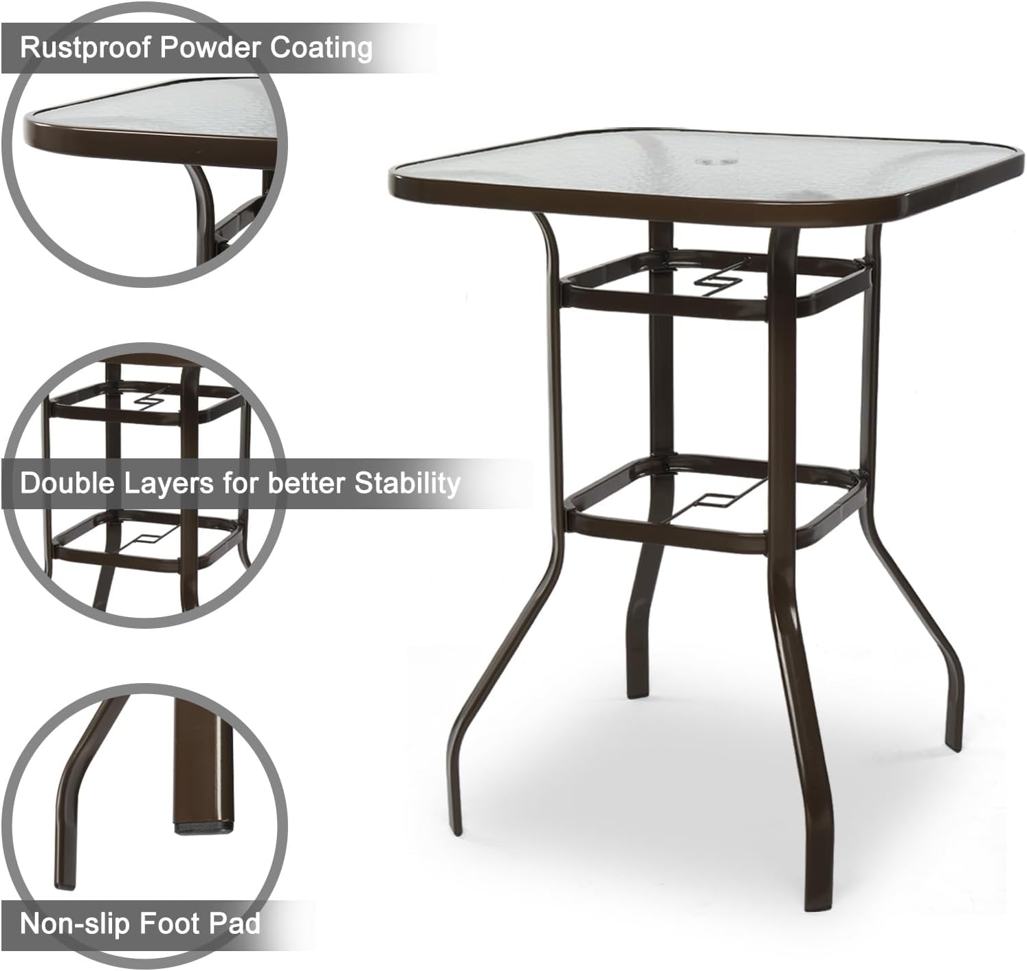 VINGLI Outdoor Bar Table with Umbrella Hole, Metal Patio Bar Height Pub Table for Patio High Top (Brown)