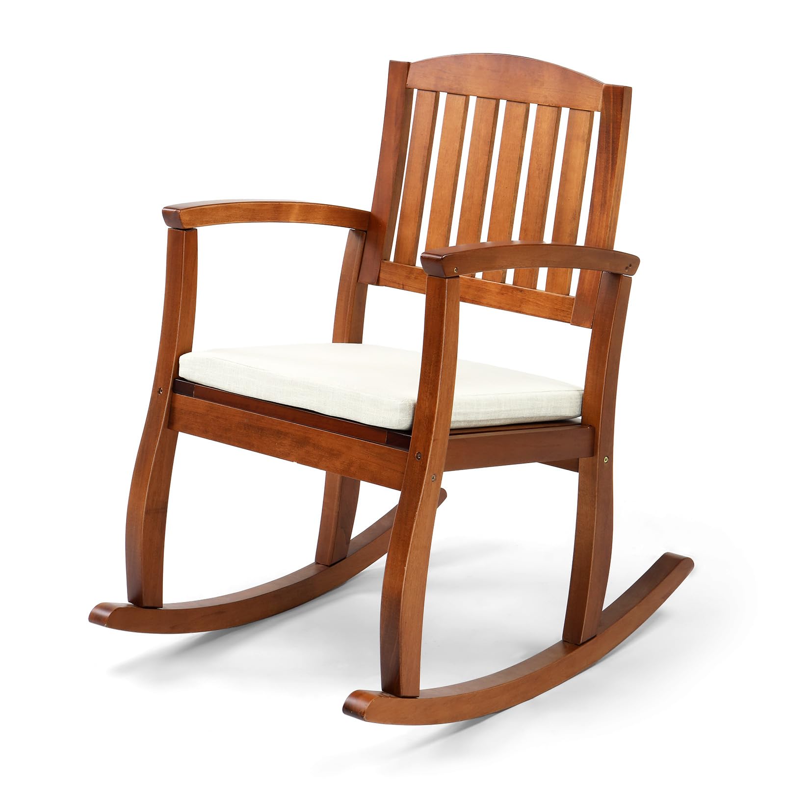 VINGLI Wooden Rocking Chair with Cushion,Outdoor Indoor Rocking Chair Supports Up to 450 lbs,Chair with Comfortable Backrest for Patio, Porch, Balcony (1, Teak)
