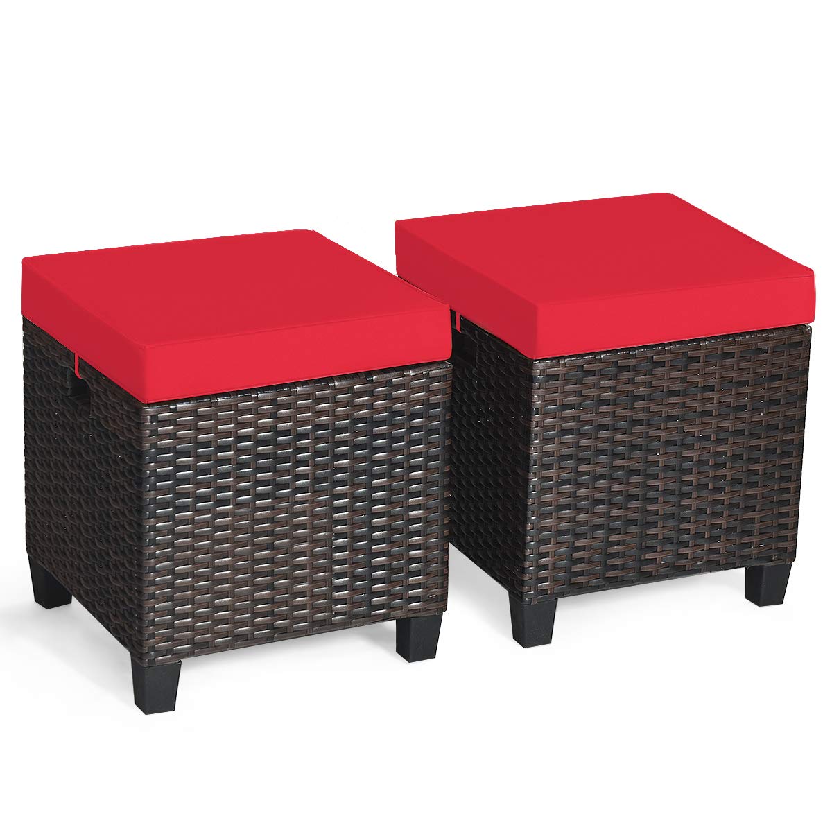 Tangkula 2 Pieces Patio Ottomans, Patiojoy Hand-Woven PE Rattan Side Table with Removable Cushion & Hidden Storage Space, Multifunctional Storage Box, Seat for Patio, Backyard, Poolside (Off White)