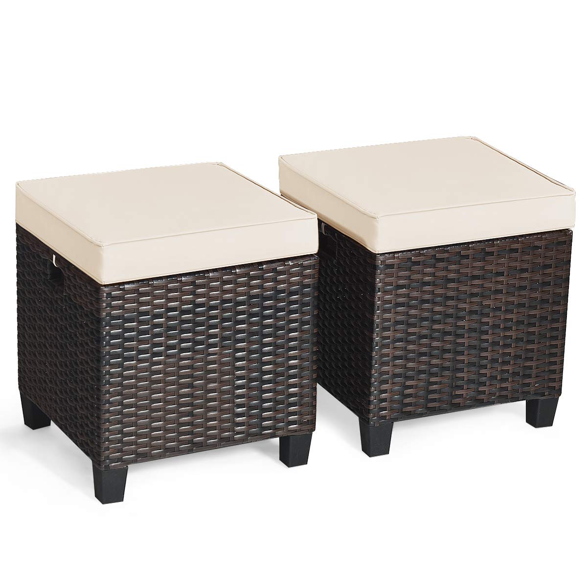 Tangkula 2 Pieces Patio Ottomans, Patiojoy Hand-Woven PE Rattan Side Table with Removable Cushion & Hidden Storage Space, Multifunctional Storage Box, Seat for Patio, Backyard, Poolside (Off White)