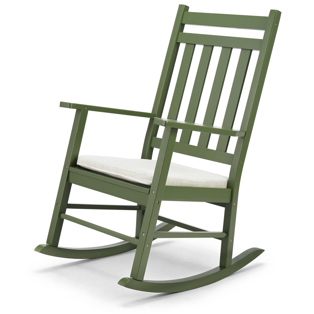Outvita Outdoor Rocking Chair, Solid Wood High Back Rocker, All Weather Lounge Chair for Porch Patio Fire Pit Garden Backyard Deck Indoor, White