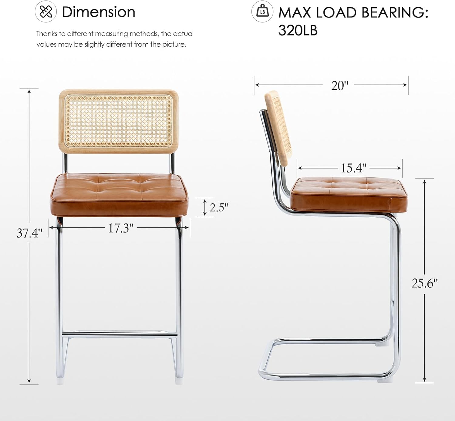 Zesthouse Natural Rattan Bar Stools Set of 2, Modern Counter Height Stools with Solid Wood Back, 26'' Counter Height Chairs, Mid Century Cantilevered Bar Chairs for Kitchen Island, Faux Leather Brown