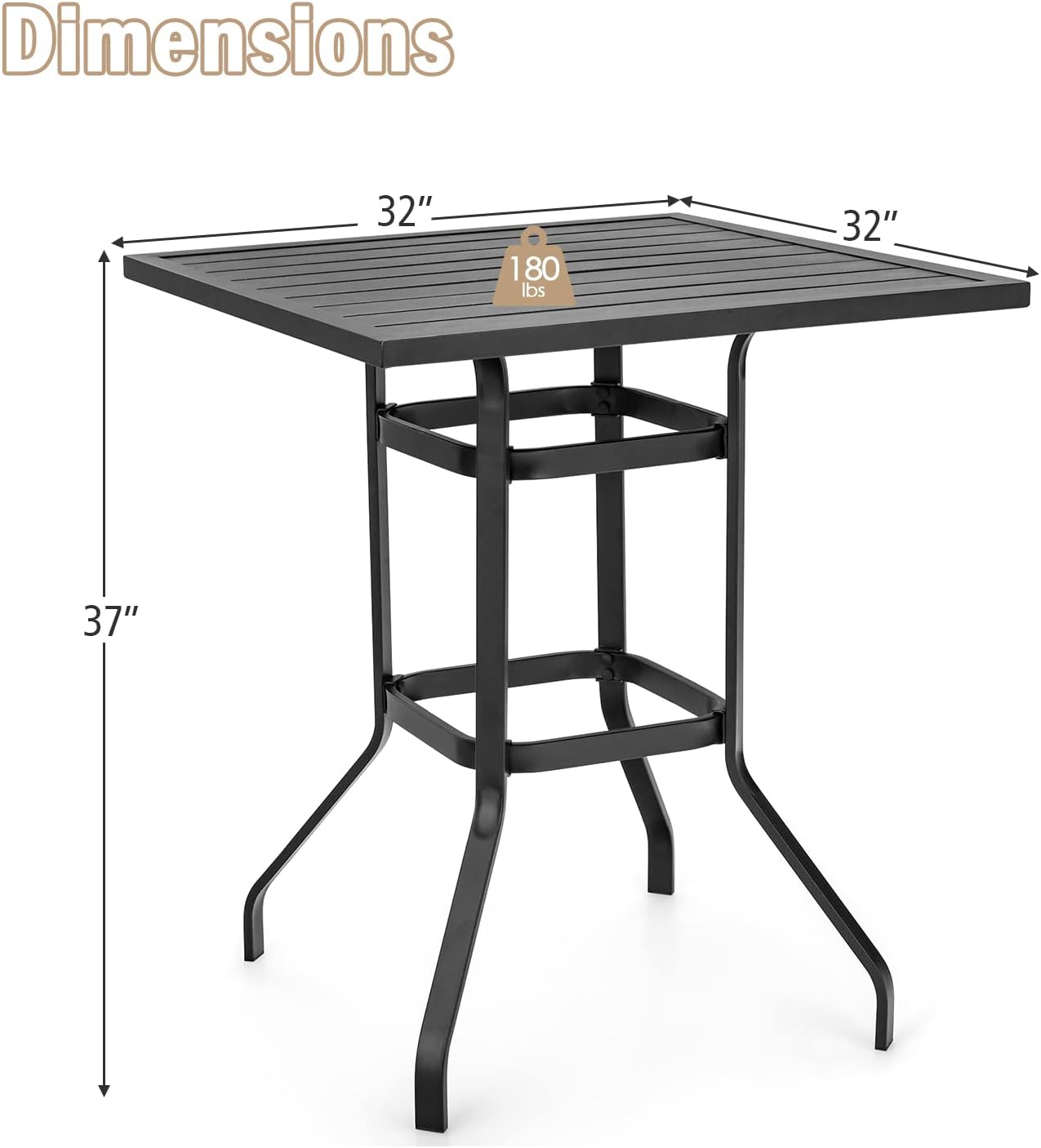 Tangkula Patio Bar Height Table, 32 Inch Outdoor Steel Square Bar Table, Bistro High Top Table W/Powder-Coated Tabletop, Solid Metal Frame, Ideal for Backyard, Poolside, Garden (Black)