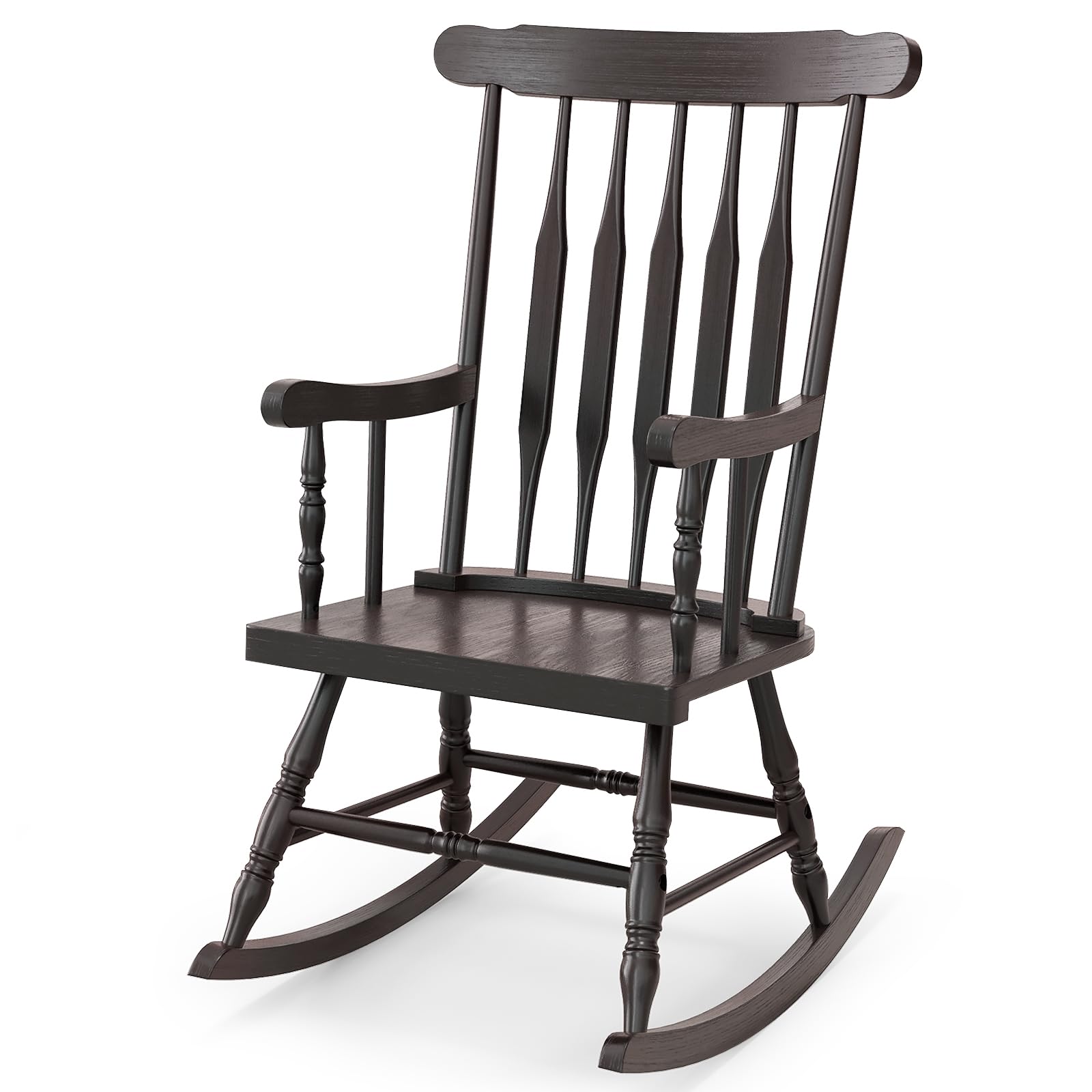Tangkula Patio Rocking Chair Solid Rubber Wood, Outdoor Porch Rocker Chair with Rubber Wood Frame, Indoor Wooden Rocking Chair, Ideal for Garden, Backyard & Balcony (1, Black)