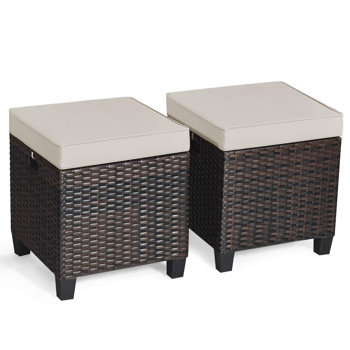 Tangkula 2 Pieces Patio Ottomans, Patiojoy Hand-Woven PE Rattan Side Table with Removable Cushion & Hidden Storage Space, Multifunctional Storage Box, Seat for Patio, Backyard, Poolside (Off White)