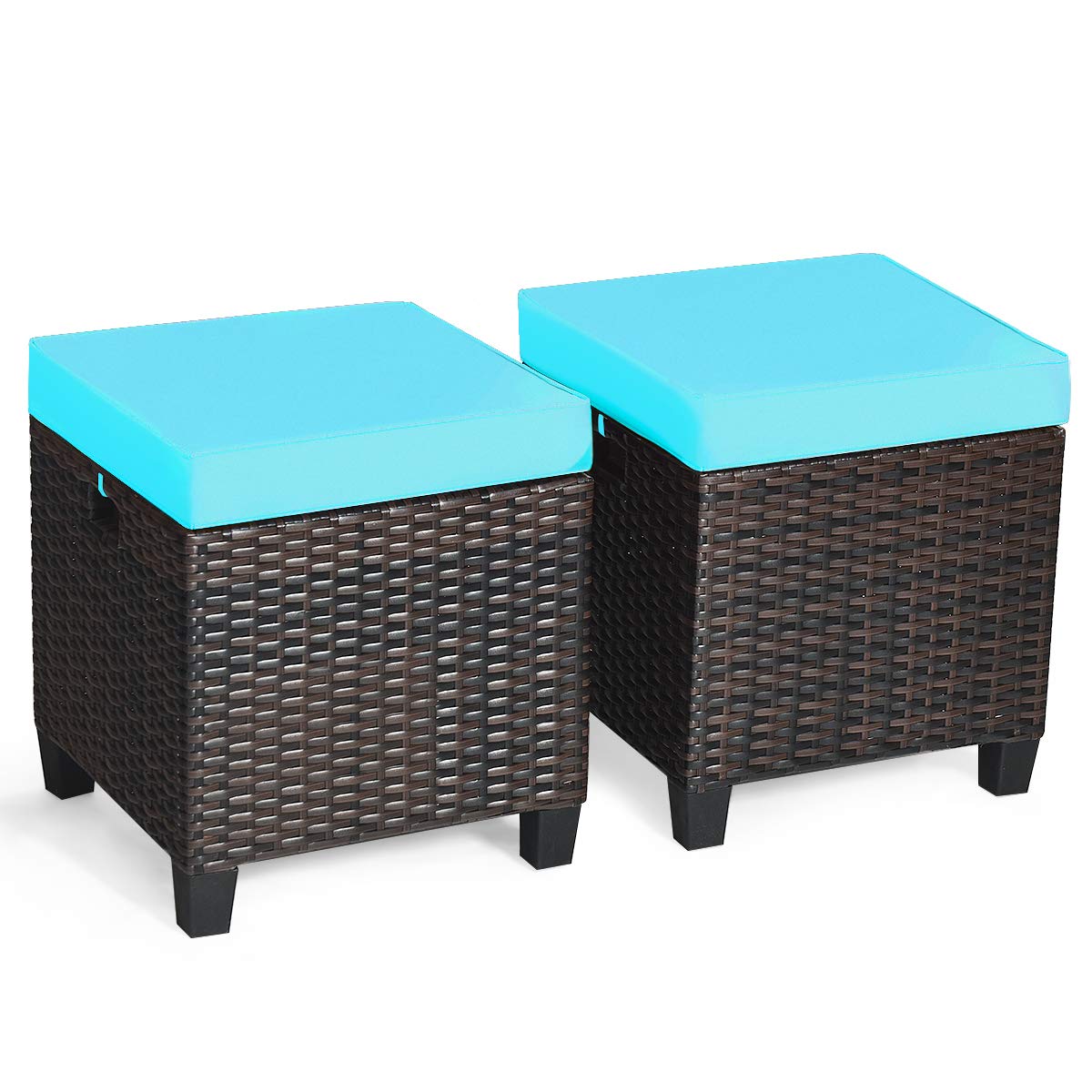 Tangkula 2 Pieces Patio Ottomans, Patiojoy Hand-Woven PE Rattan Side Table with Removable Cushion & Hidden Storage Space, Multifunctional Storage Box, Seat for Patio, Backyard, Poolside (Off White)