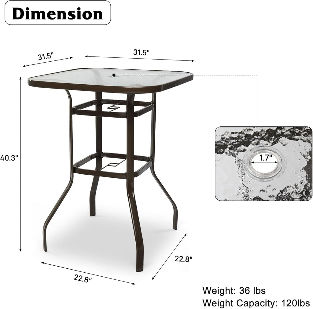 VINGLI Outdoor Bar Table with Umbrella Hole, Metal Patio Bar Height Pub Table for Patio High Top (Brown)