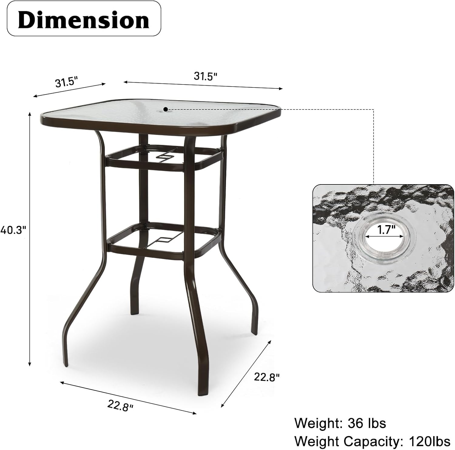VINGLI Outdoor Bar Table with Umbrella Hole, Metal Patio Bar Height Pub Table for Patio High Top (Brown)