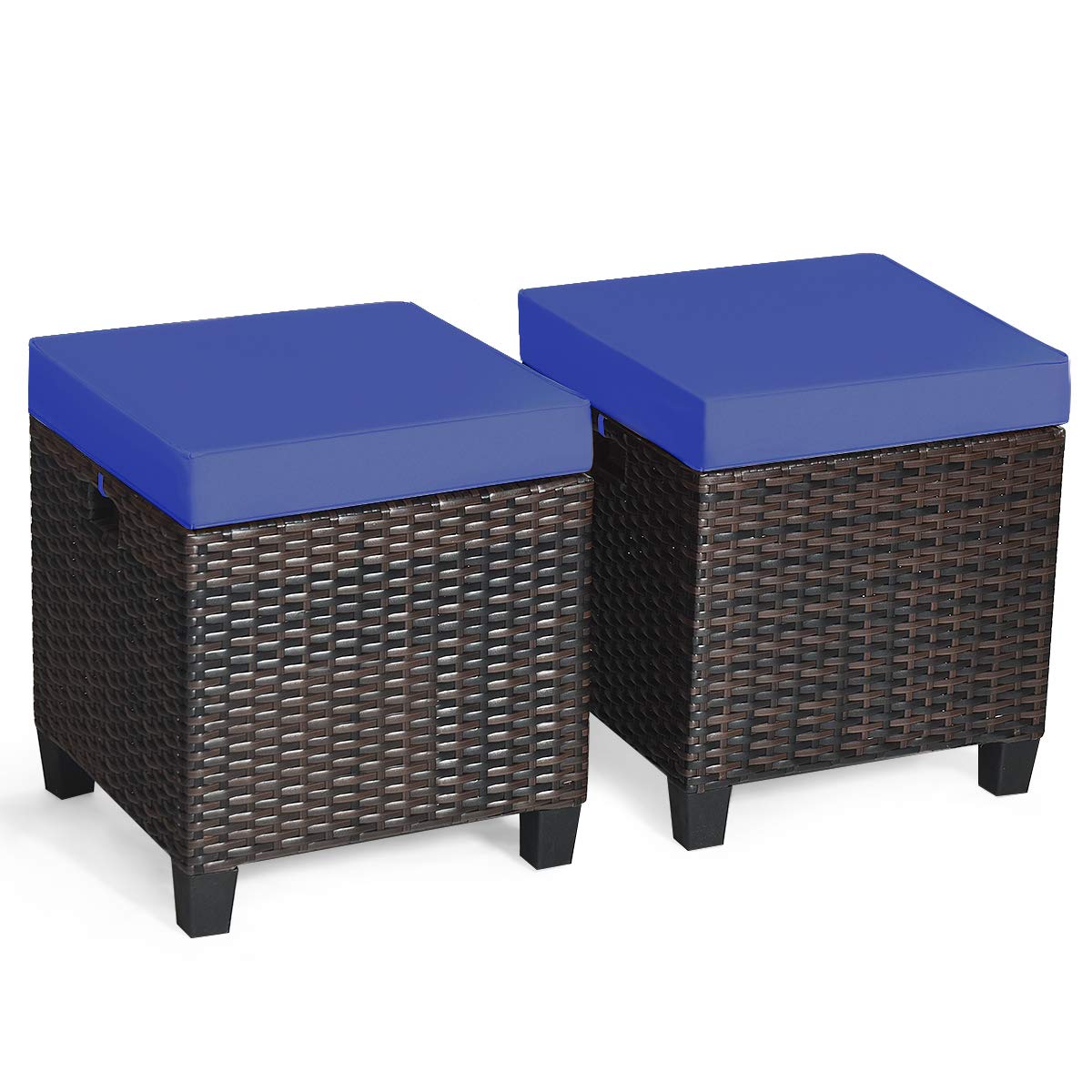 Tangkula 2 Pieces Patio Ottomans, Patiojoy Hand-Woven PE Rattan Side Table with Removable Cushion & Hidden Storage Space, Multifunctional Storage Box, Seat for Patio, Backyard, Poolside (Off White)