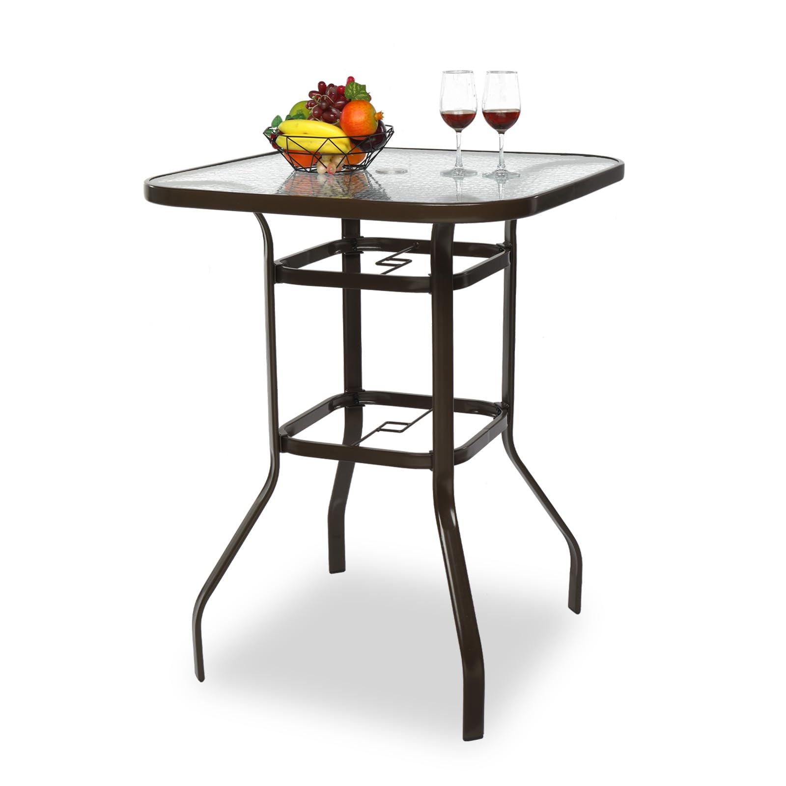 VINGLI Outdoor Bar Table with Umbrella Hole, Metal Patio Bar Height Pub Table for Patio High Top (Brown)