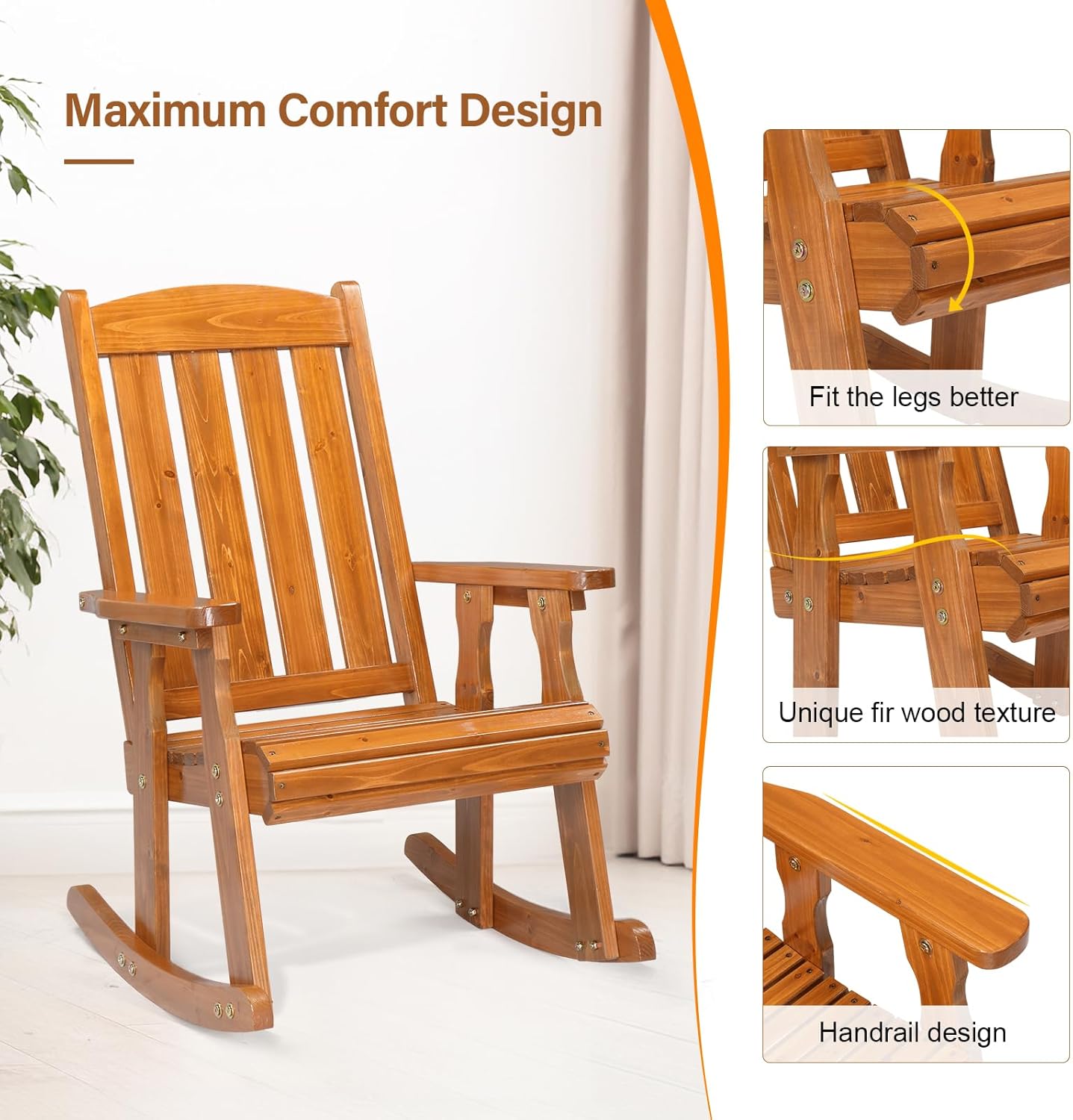 VINGLI Outdoor Rocking Chair, Heavy Duty 600 LBS Wooden Rocking Bench with Comfortable Backrest, Weatherproof Patio Rocker with Ergonomic Design, Wood Rocking Chair for Patio, Garden (Teak, 1PC)