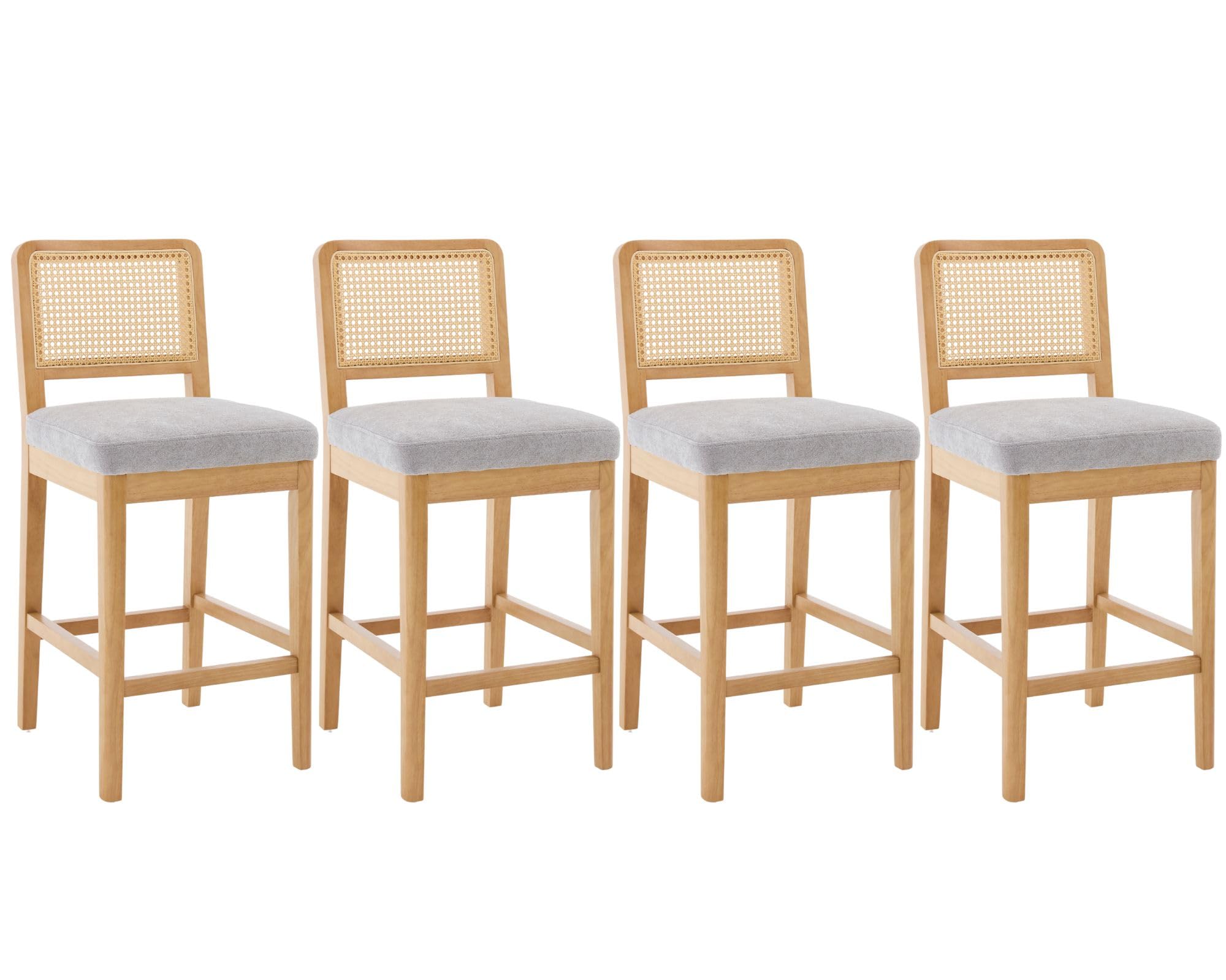 Wahson Counter Height Bar Stools Set of 4, Farmhouse Rattan Bar Stool with Back, Upholstered Wooden Barstools Mid Century Modern Breakfast Bar Chairs for Kitchen Island, Chenille Beige