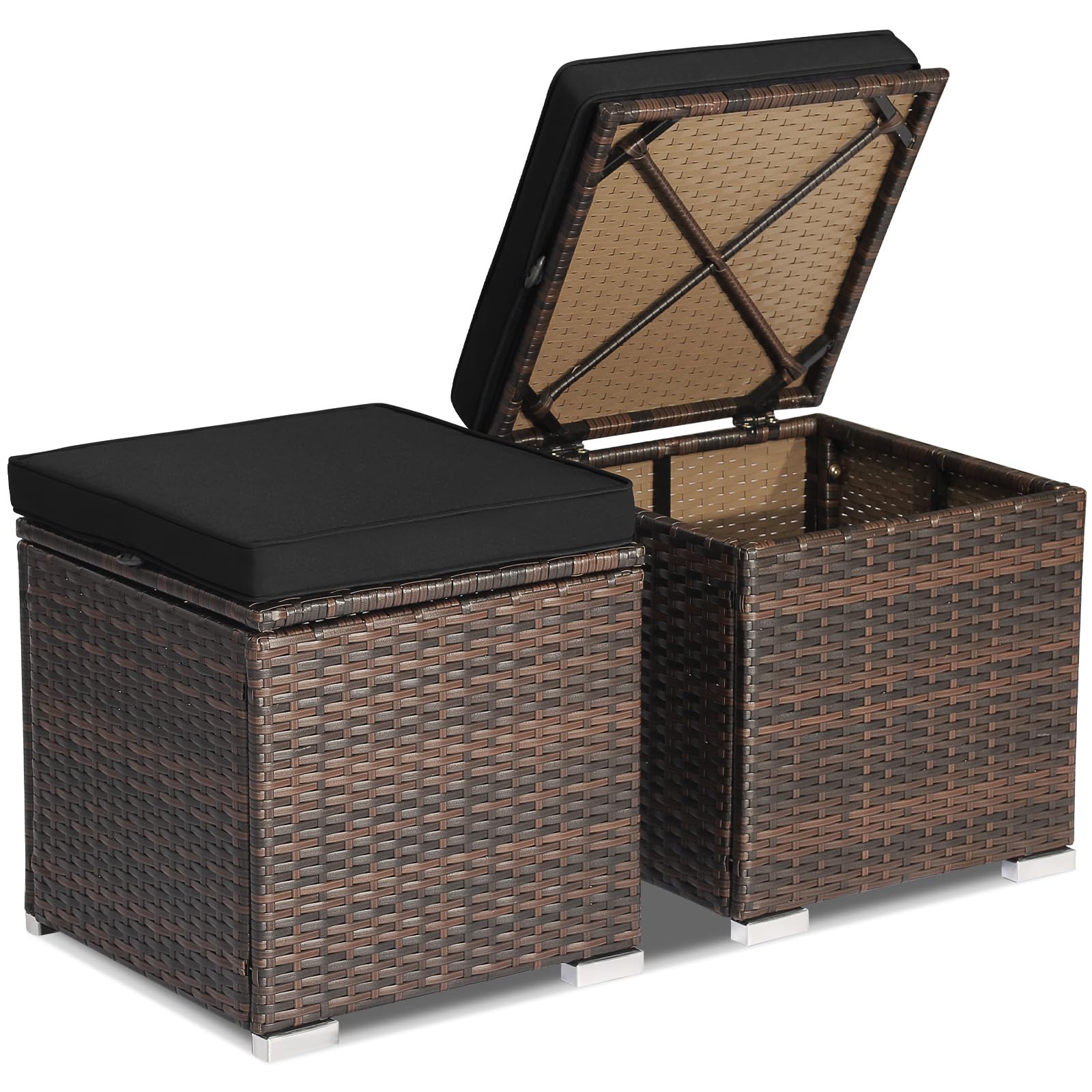 Tangkula 2 Pieces Patio Ottomans, Patiojoy Hand-Woven PE Rattan Side Table with Removable Cushion & Hidden Storage Space, Multifunctional Storage Box, Seat for Patio, Backyard, Poolside (Off White)