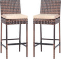 VINGLI Outdoor Wicker Bar Stool Set of 2, Patio Bar Stools w/Cushion, Bar Height Patio Chairs Outdoor Rattan Barstools for Garden Pool Lawn Backyard, Brown