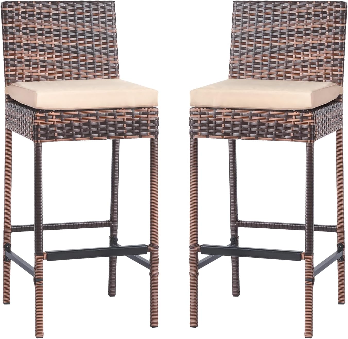 VINGLI Outdoor Wicker Bar Stool Set of 2, Patio Bar Stools w/Cushion, Bar Height Patio Chairs Outdoor Rattan Barstools for Garden Pool Lawn Backyard, Brown