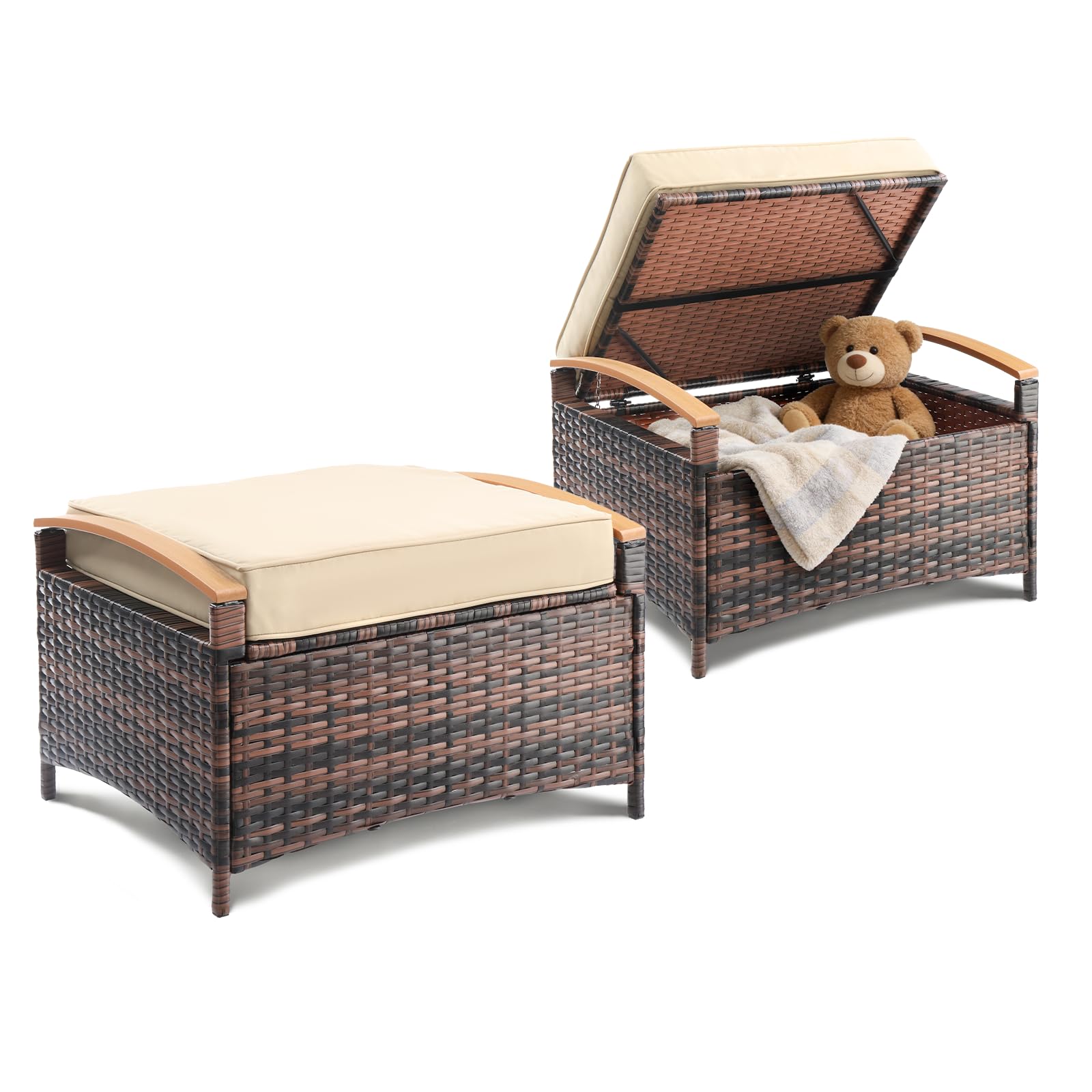 VINGLI 2 Pieces Rattan Ottoman with Storage, Wicker Patio Furniture w/Removable Cushion, Multipurpose Footrest Stool for Outdoor (Gray)