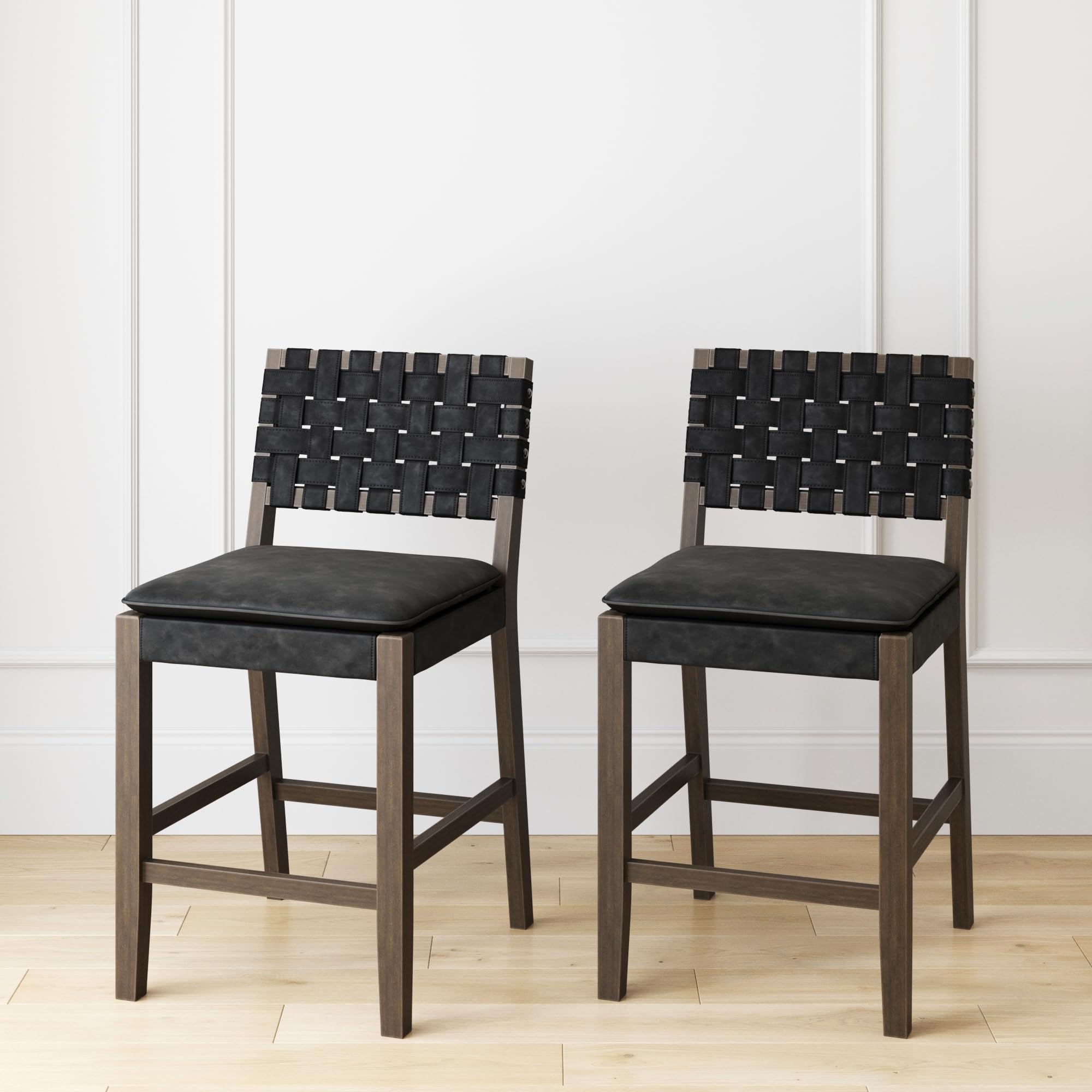 Nathan James Cohen Mid-Century Modern Leather Bar Stool, Counter Height Chair in Solid Wood Frame with Footrest and Woven Leather Back for Kitchen, Natural Brown, 1 count, Barstool - 24"