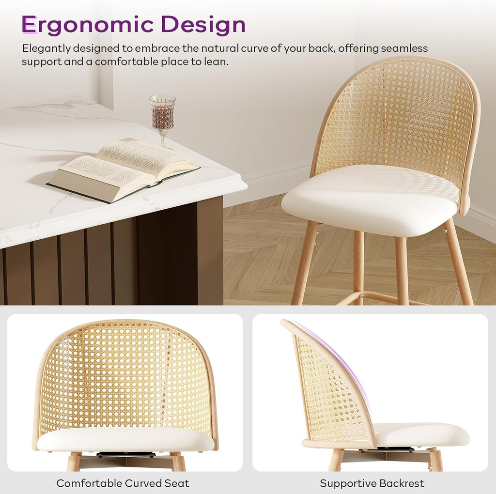 TYBOATLE 29'' BarStools Set of 2 w/Rattan Backrest, Swivel Counter Height Bar stools w/Metal Legs, Modern Mid-Century Boho Bar stools with Faux Leather for Kitchen Island, Dining Room, White