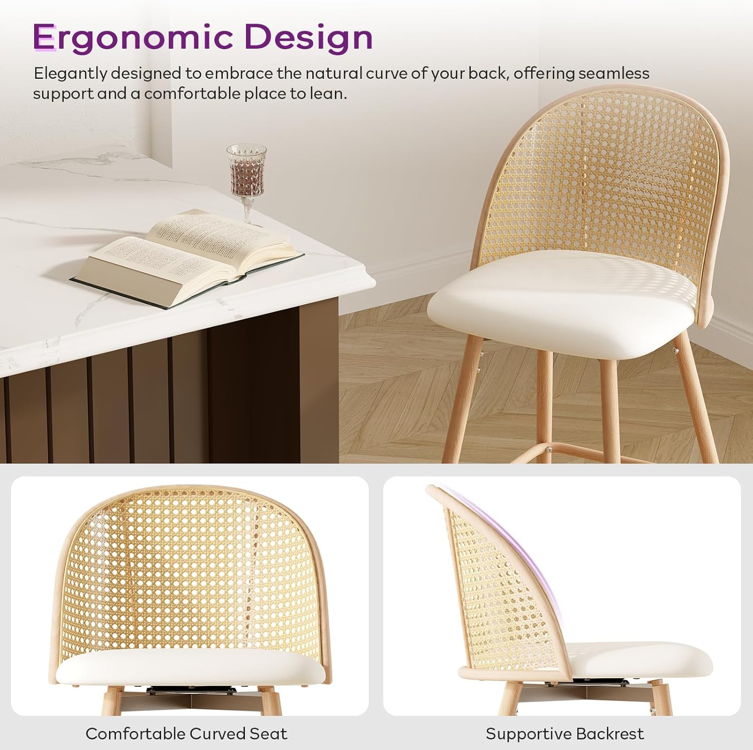 TYBOATLE 29'' BarStools Set of 2 w/Rattan Backrest, Swivel Counter Height Bar stools w/Metal Legs, Modern Mid-Century Boho Bar stools with Faux Leather for Kitchen Island, Dining Room, White