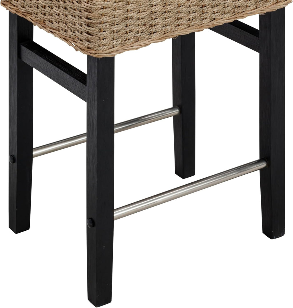 Nathan James Harvey Rattan Bar Stool, Bohemian Counter Height Stool with Woven Seagrass Seat, Solid Wood Legs, and Metal Footrest Seagrass/Brushed Black
