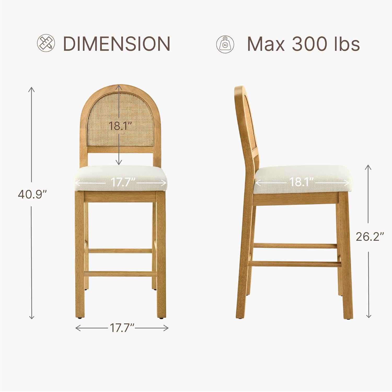 Rattan Counter Height Bar Stools Set of 3, Upholstered Farmhouse Barstools with Natural Rattan Back, Wooden Legs for Kitchen Island, Walnut/Linen