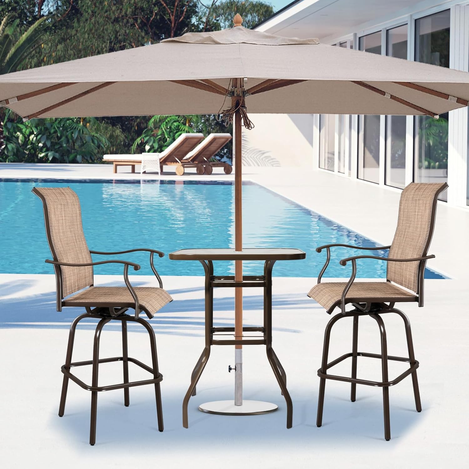 VINGLI Outdoor Bar Table with Umbrella Hole, Metal Patio Bar Height Pub Table for Patio High Top (Brown)