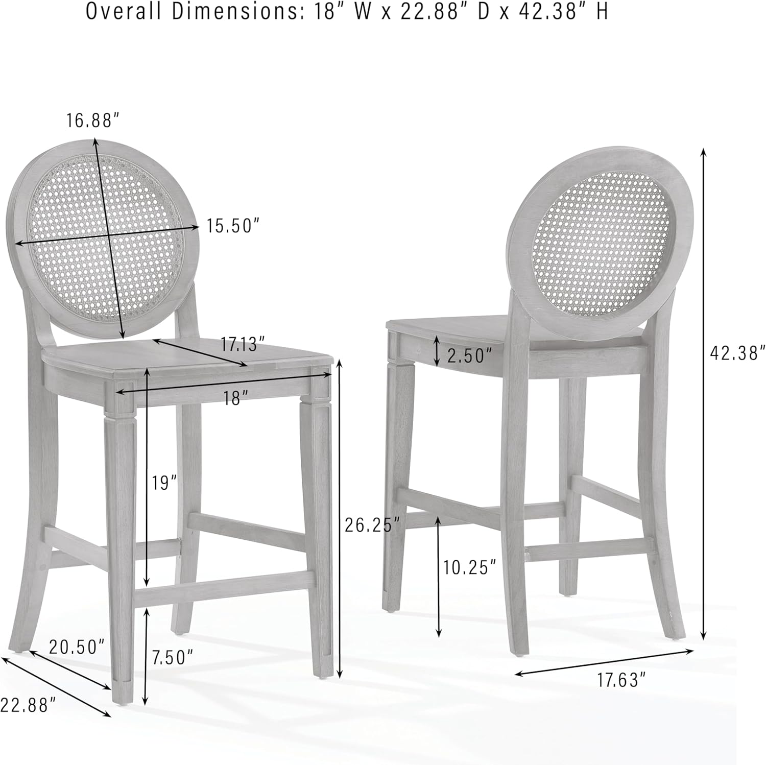 Crosley Furniture Katia Traditional Rattan Style Oval Cane-Back Counter Height Stool Set of 2, Bar Stools, Driftwood