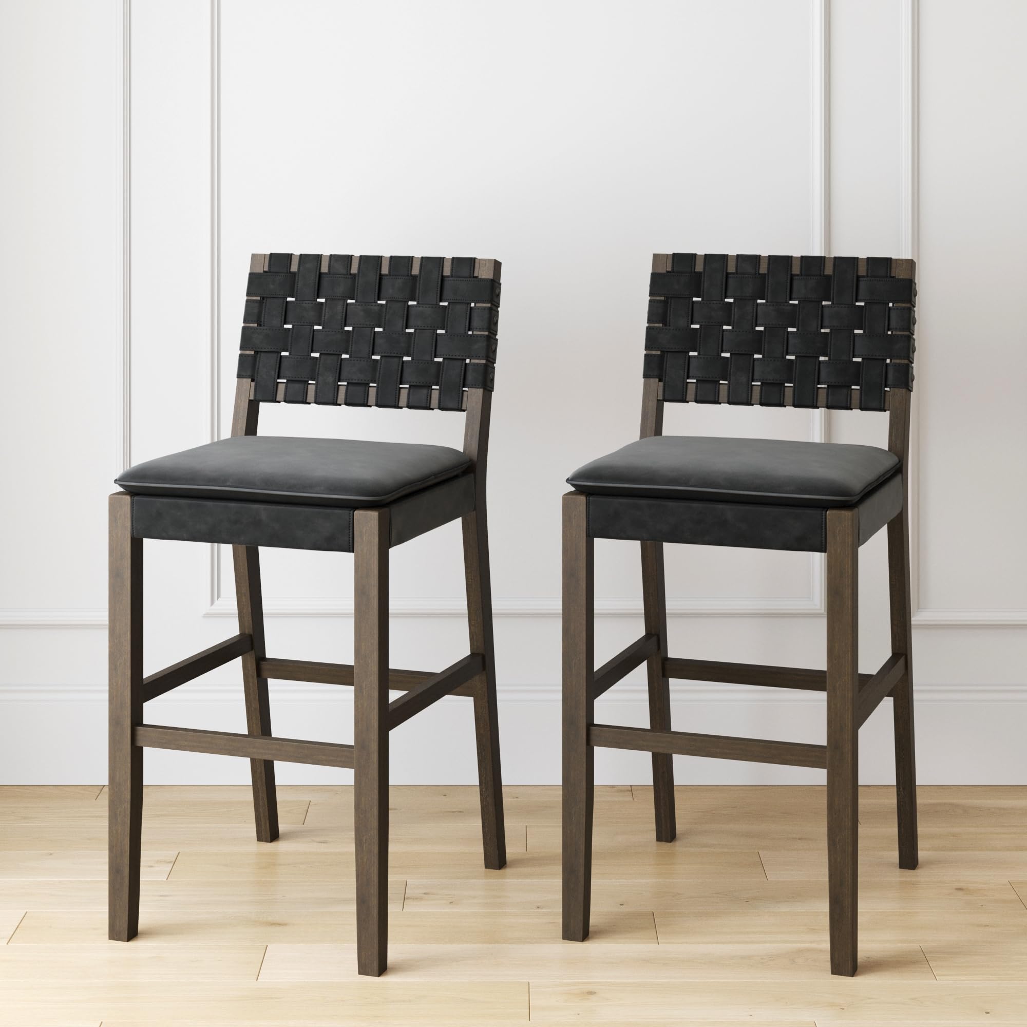 Nathan James Cohen Mid-Century Modern Leather Bar Stool, Counter Height Chair in Solid Wood Frame with Footrest and Woven Leather Back for Kitchen, Natural Brown, 1 count, Barstool - 24"