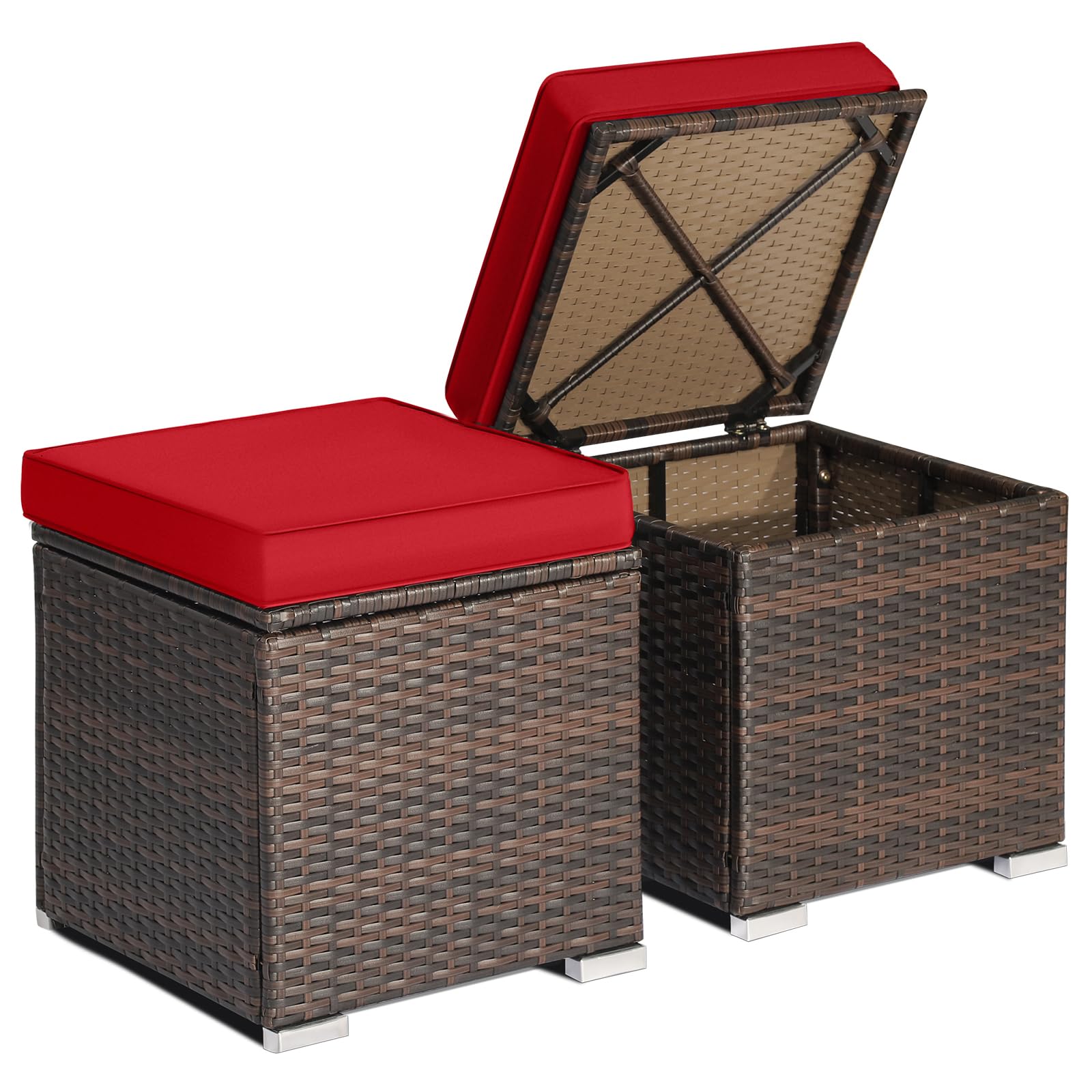 RELAX4LIFE Wicker Outdoor Storage Ottoman, 2-Piece Rattan Footstool w/Removable Cushion, Multipurpose Footrest Stool Side Table Additional Seating, Set of 2 Outdoor Ottomans for Patio Deck (Navy)
