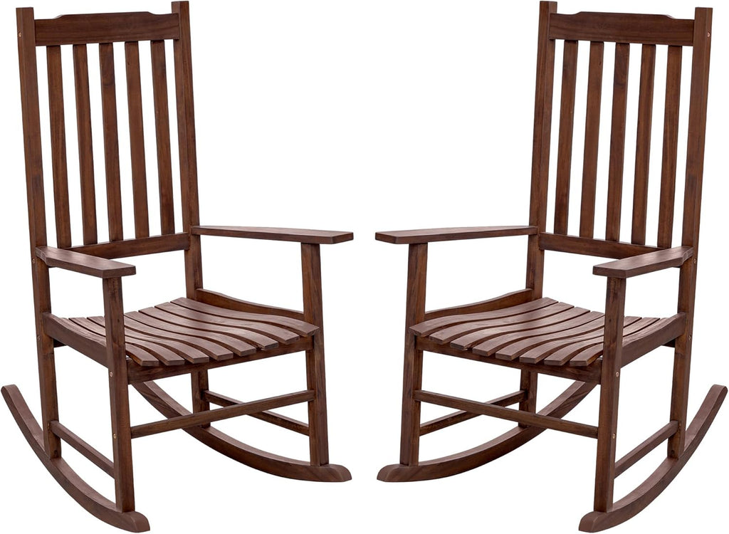 2 Acacia Wood Patio Rocking Chairs, High Back Brown