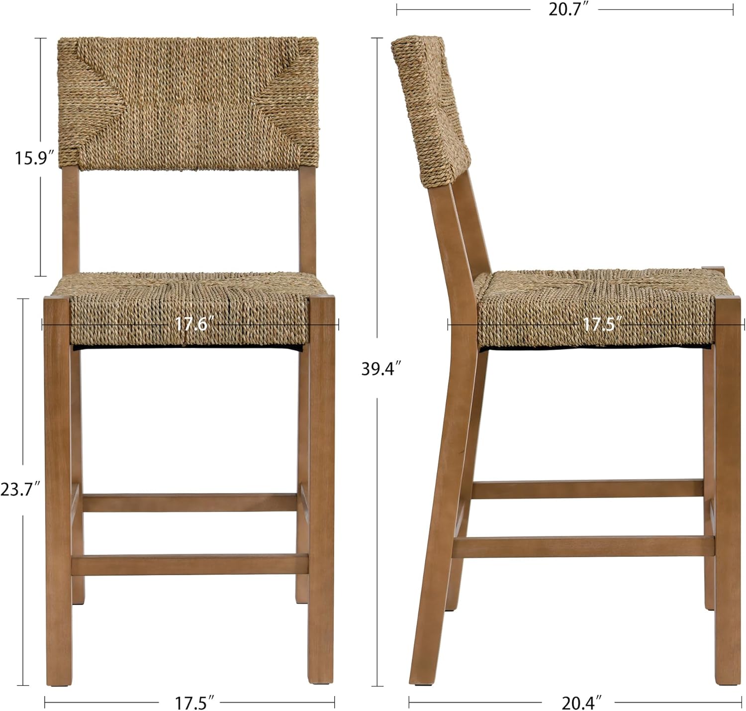 DUHOME Rattan Bar Stools Set of 4, 24'' Bohemian Counter Height Stool with Woven Seagrass Seat and Back, Solid Wood Legs and Footrest for Kitchen Island Dining Room Home Bar