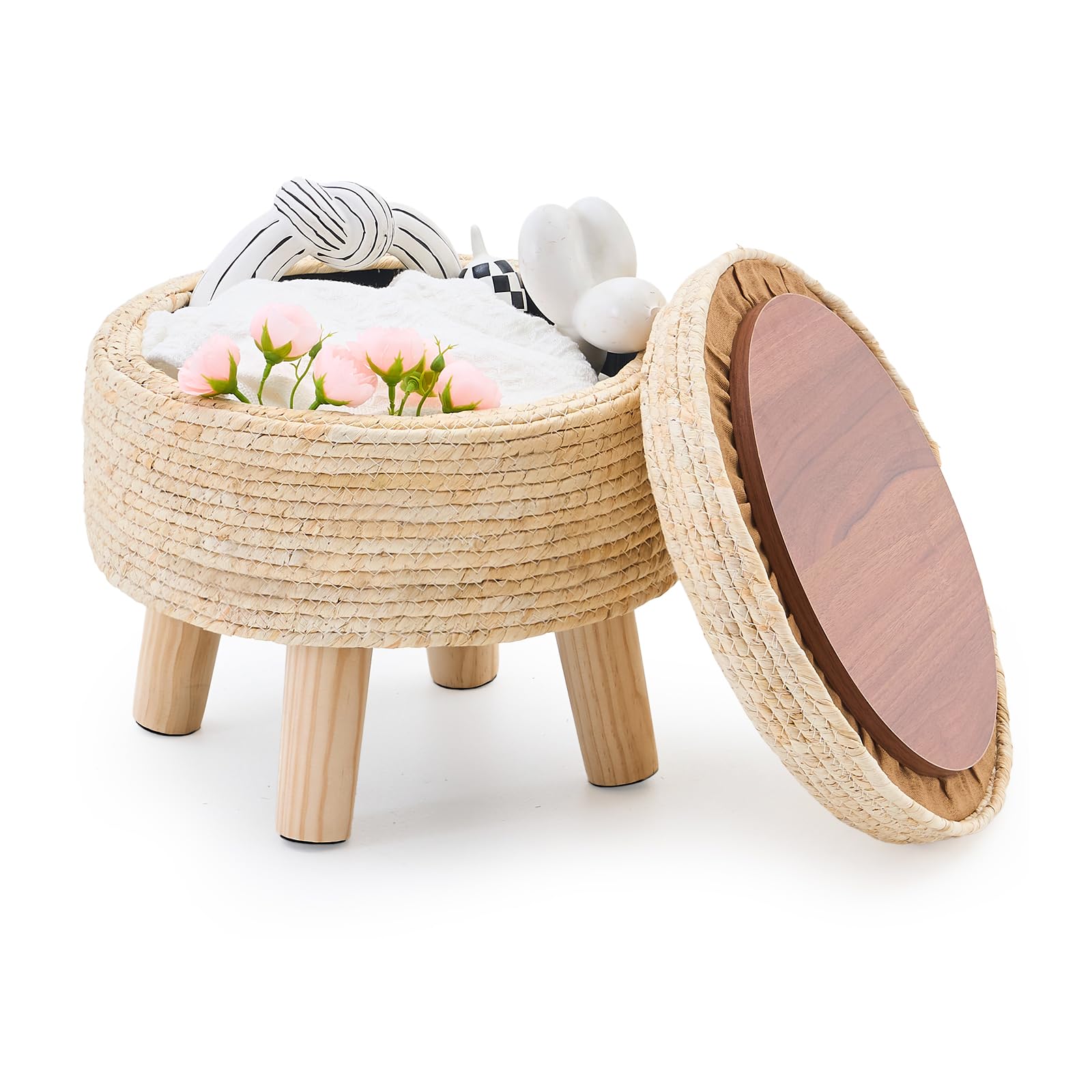Cpintltr Storage Ottoman Poufs Handwoven Footstool Natural Seagrass Round Footrest Stool with 4 Wood Legs Soft Padded Outdoor Seat for Hallway Lounge Bedroom Garden