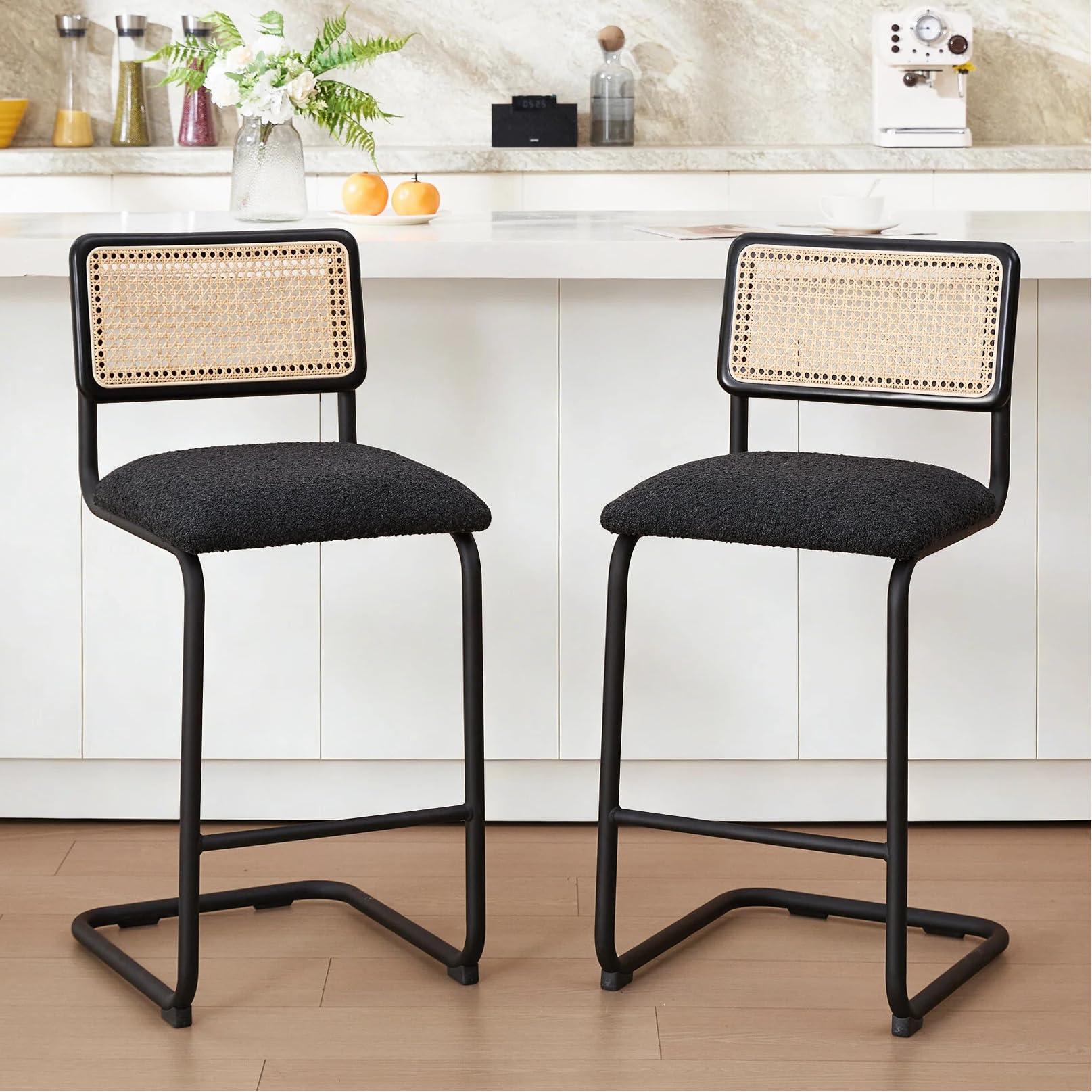 Zesthouse Natural Rattan Bar Stools Set of 2, Modern Counter Height Stools with Solid Wood Back, 26'' Counter Height Chairs, Mid Century Cantilevered Bar Chairs for Kitchen Island, Faux Leather Brown