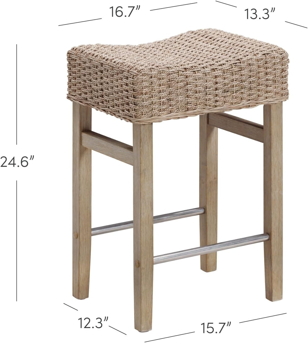 Nathan James Harvey Rattan Bar Stool, Bohemian Counter Height Stool with Woven Seagrass Seat, Solid Wood Legs, and Metal Footrest Seagrass/Brushed Gray, Set of 2