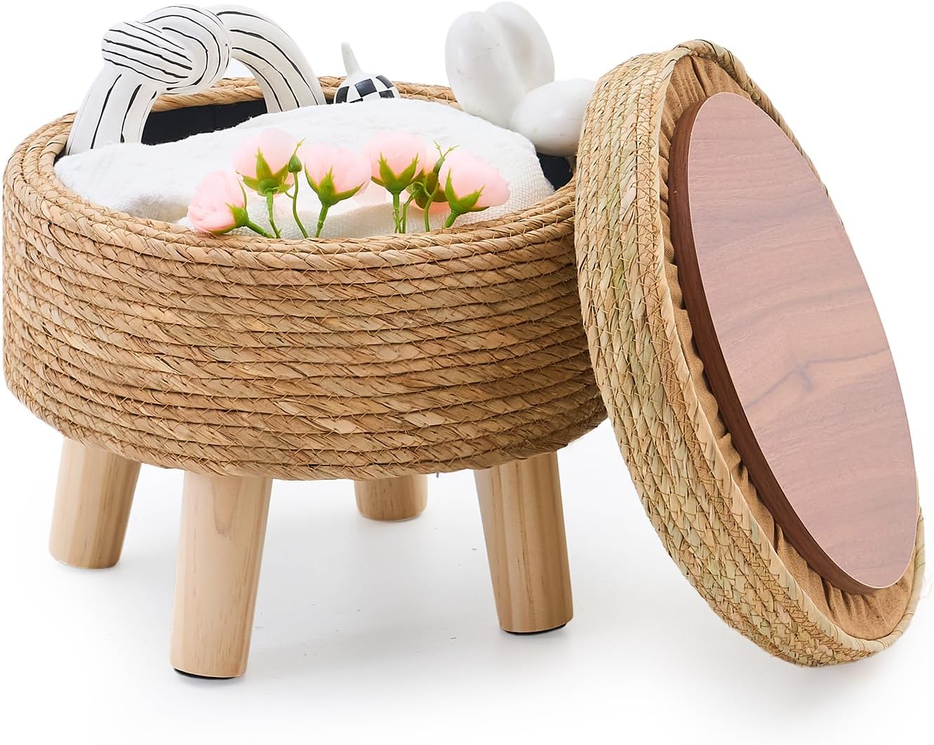 Cpintltr Storage Ottoman Poufs Handwoven Footstool Natural Seagrass Round Footrest Stool with 4 Wood Legs Soft Padded Outdoor Seat for Hallway Lounge Bedroom Garden