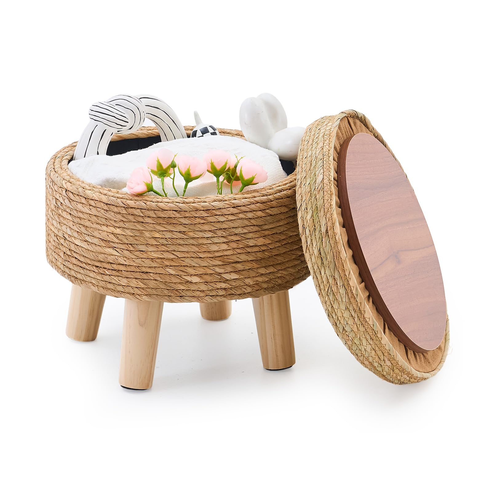 Cpintltr Storage Ottoman Poufs Handwoven Footstool Natural Seagrass Round Footrest Stool with 4 Wood Legs Soft Padded Outdoor Seat for Hallway Lounge Bedroom Garden