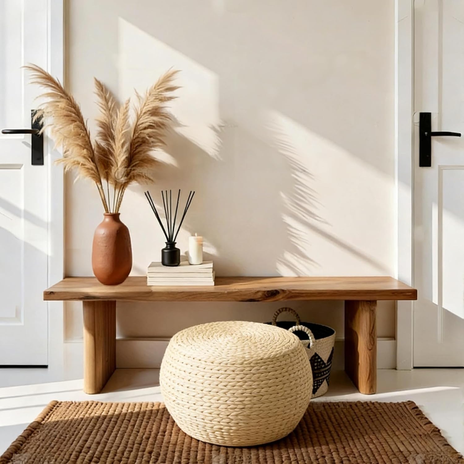 Solid Wood Straw Round Pouf Ottoman, Handwoven Boho Seating Stool, Low Tatami Ottoman Footrest for Living Room Bedroom Patio Garden (12.2"x12.2"x8.7")