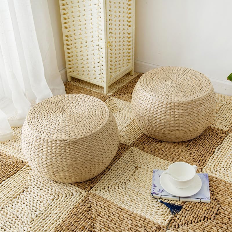 Solid Wood Straw Round Pouf Ottoman, Handwoven Boho Seating Stool, Low Tatami Ottoman Footrest for Living Room Bedroom Patio Garden (12.2"x12.2"x8.7")