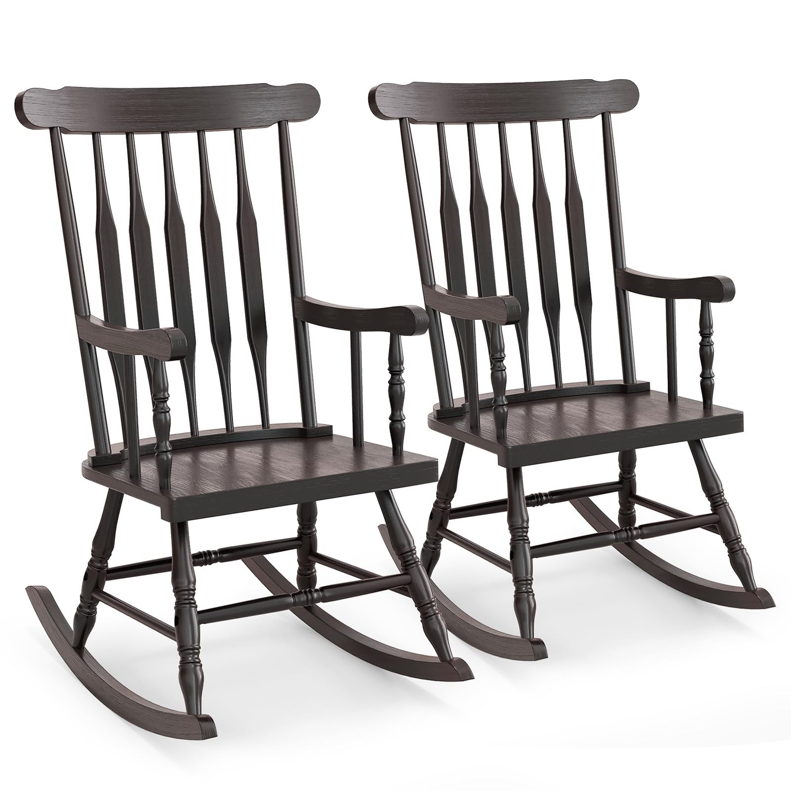 Tangkula Patio Rocking Chair Solid Rubber Wood, Outdoor Porch Rocker Chair with Rubber Wood Frame, Indoor Wooden Rocking Chair, Ideal for Garden, Backyard & Balcony (1, Black)