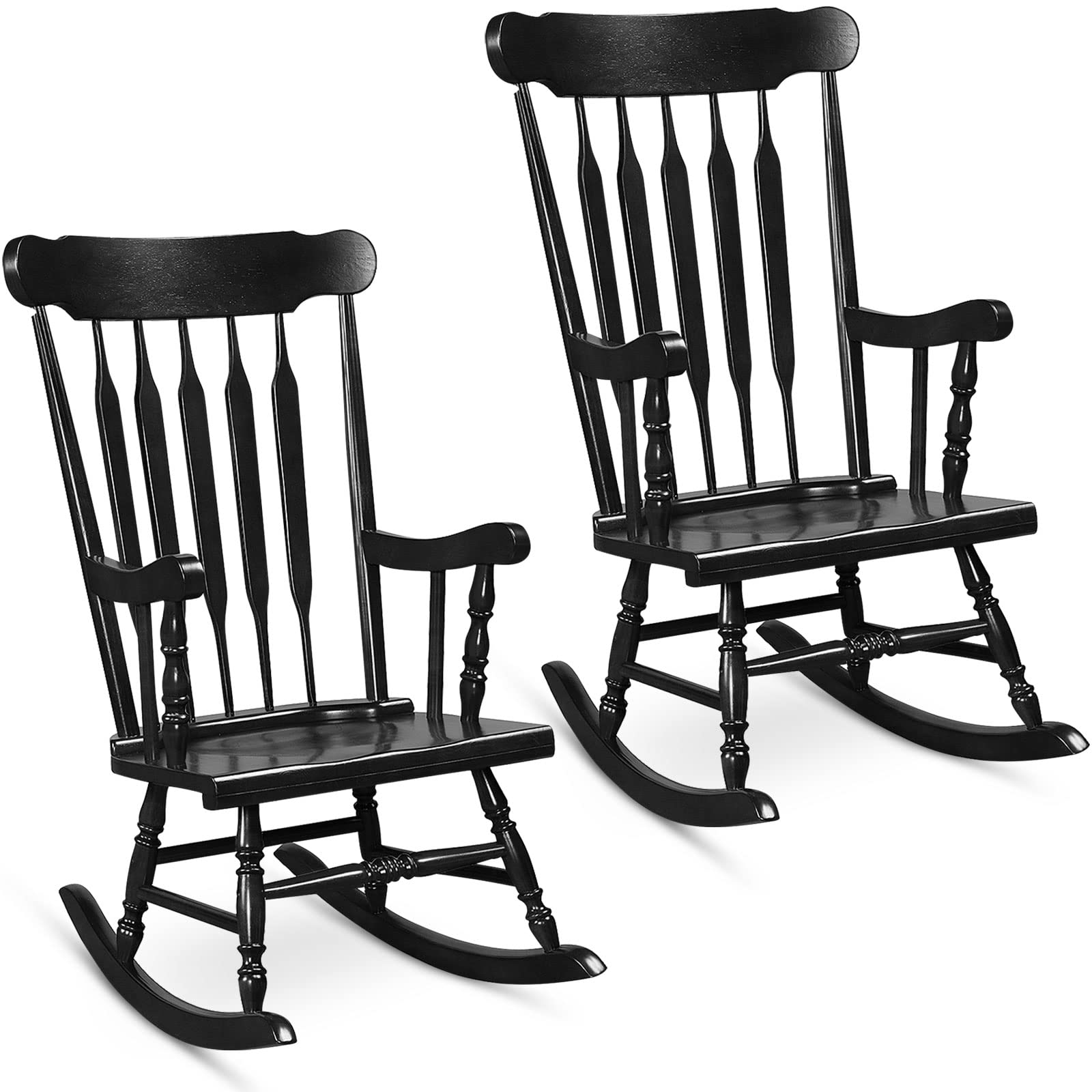 Tangkula Patio Rocking Chair Solid Rubber Wood, Outdoor Porch Rocker Chair with Rubber Wood Frame, Indoor Wooden Rocking Chair, Ideal for Garden, Backyard & Balcony (1, Black)