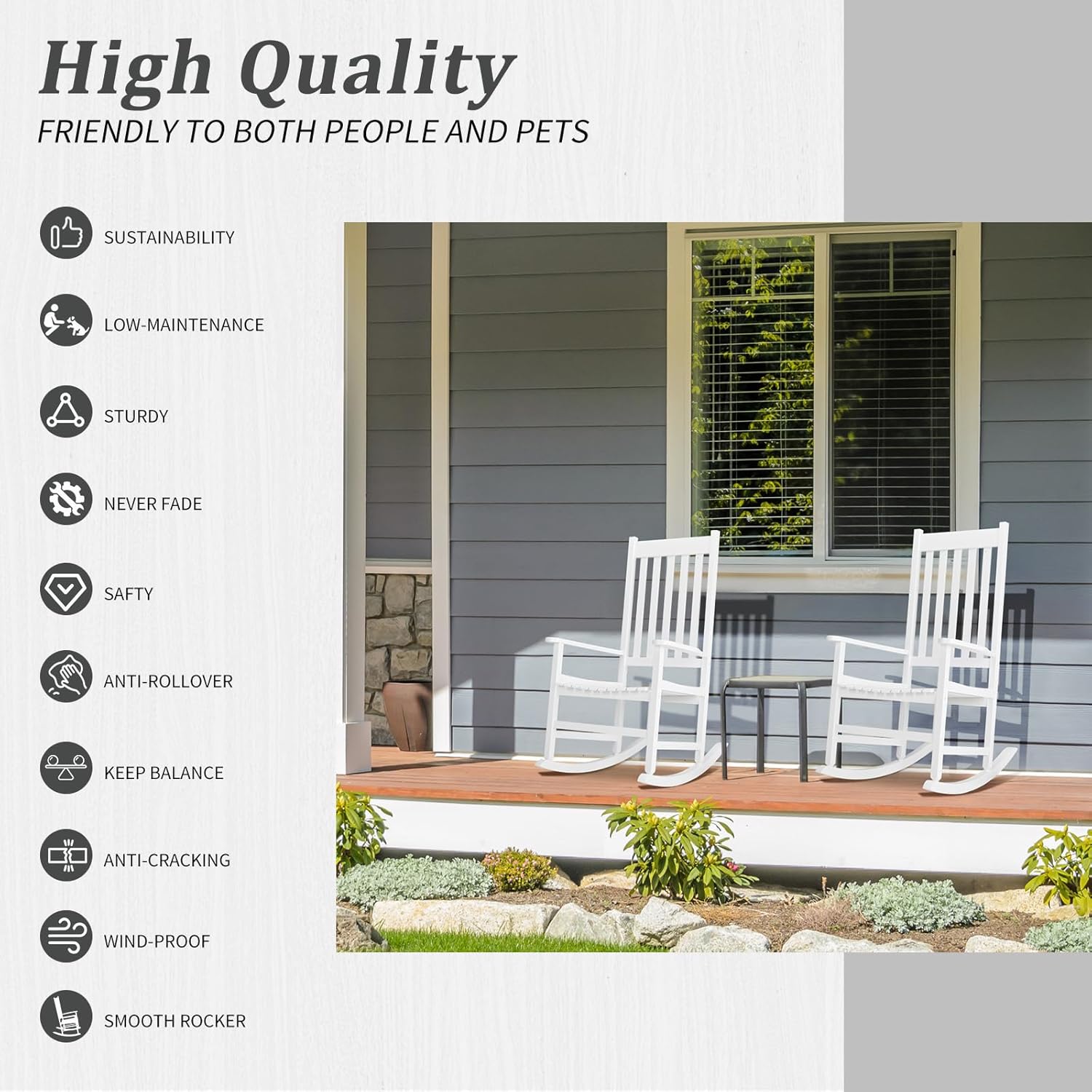 Outvita Outdoor Rocking Chair, Solid Wood High Back Rocker, All Weather Lounge Chair for Porch Patio Fire Pit Garden Backyard Deck Indoor, White