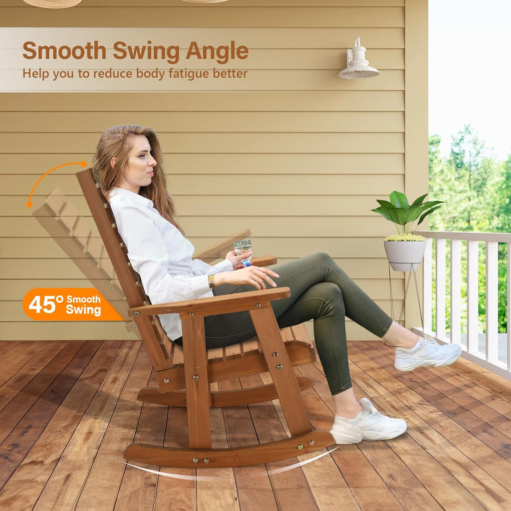 VINGLI Wooden Rocking Chair with High Backrest, Solid Fir Wood, Heavy Duty 600 LBS Patio Rockers for Indoor and Outdoor, Garden, Yard, Patio