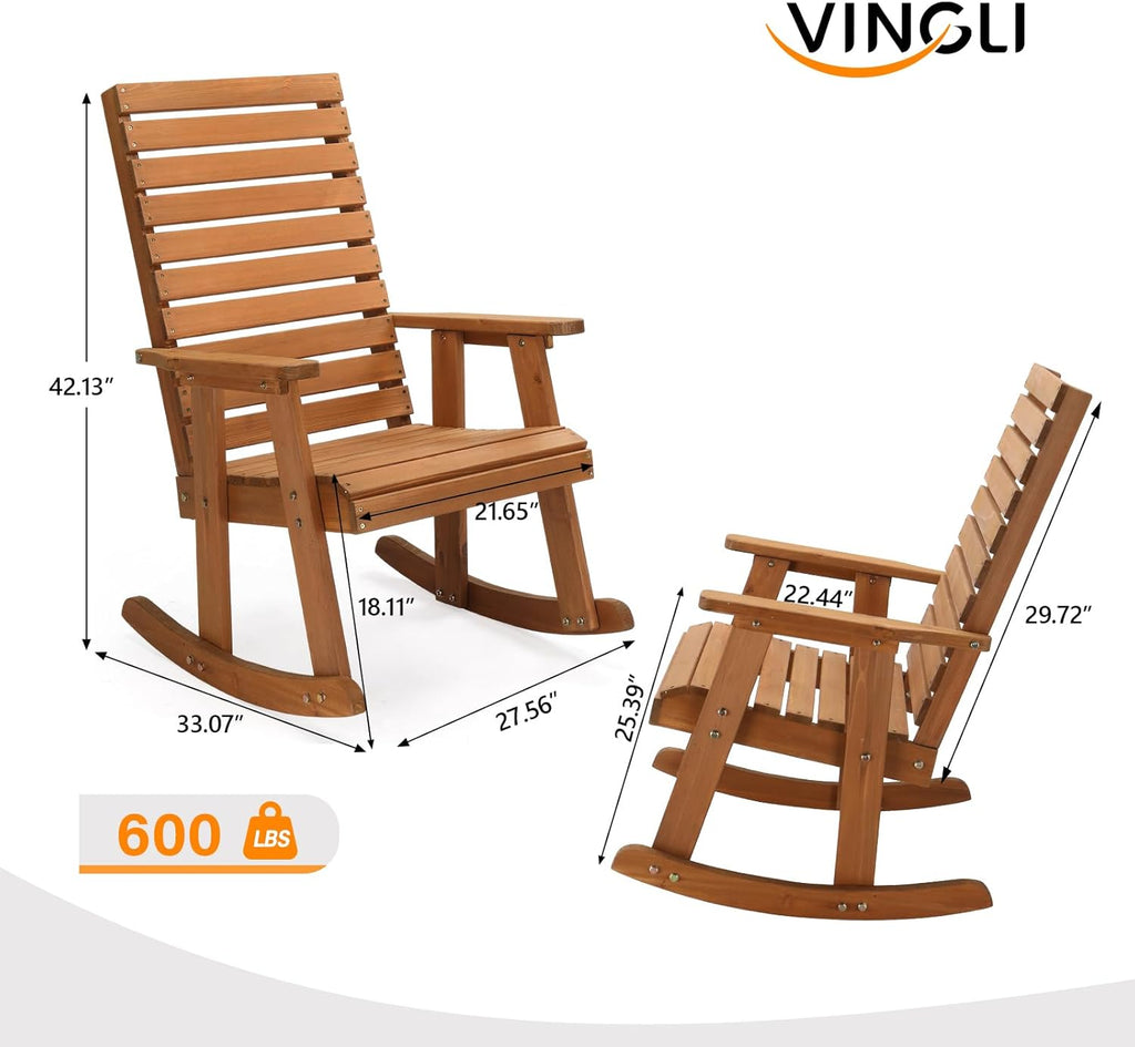 VINGLI Wooden Rocking Chair with High Backrest, Solid Fir Wood, Heavy Duty 600 LBS Patio Rockers for Indoor and Outdoor, Garden, Yard, Patio