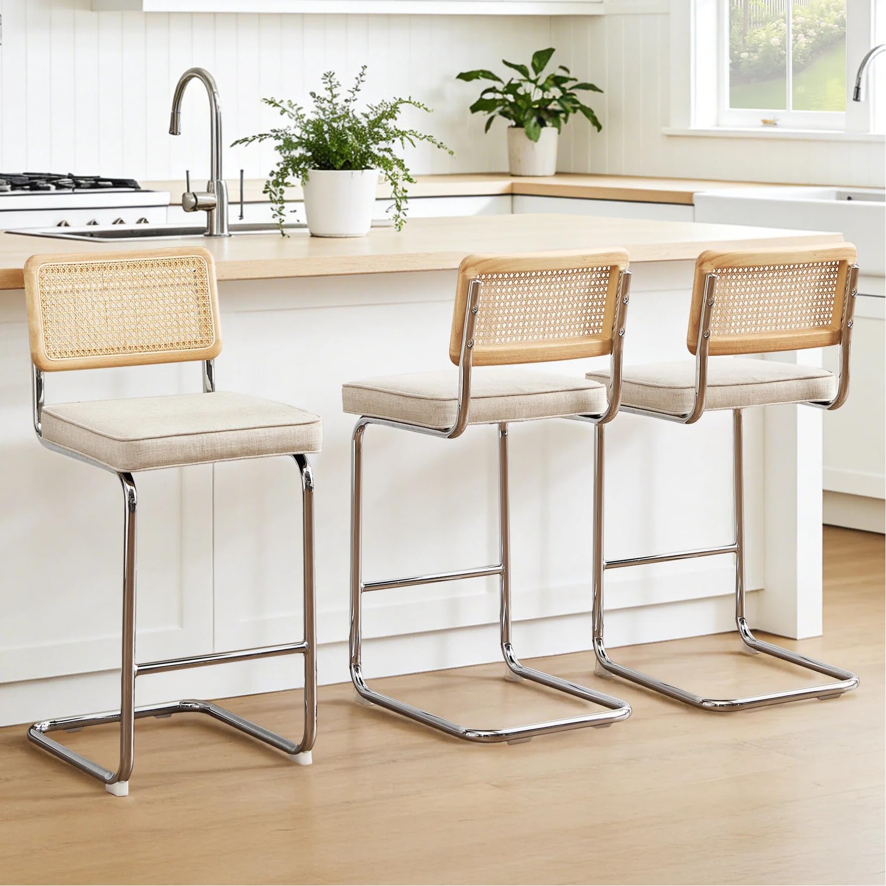 Zesthouse Natural Rattan Bar Stools Set of 2, Modern Counter Height Stools with Solid Wood Back, 26'' Counter Height Chairs, Mid Century Cantilevered Bar Chairs for Kitchen Island, Faux Leather Brown