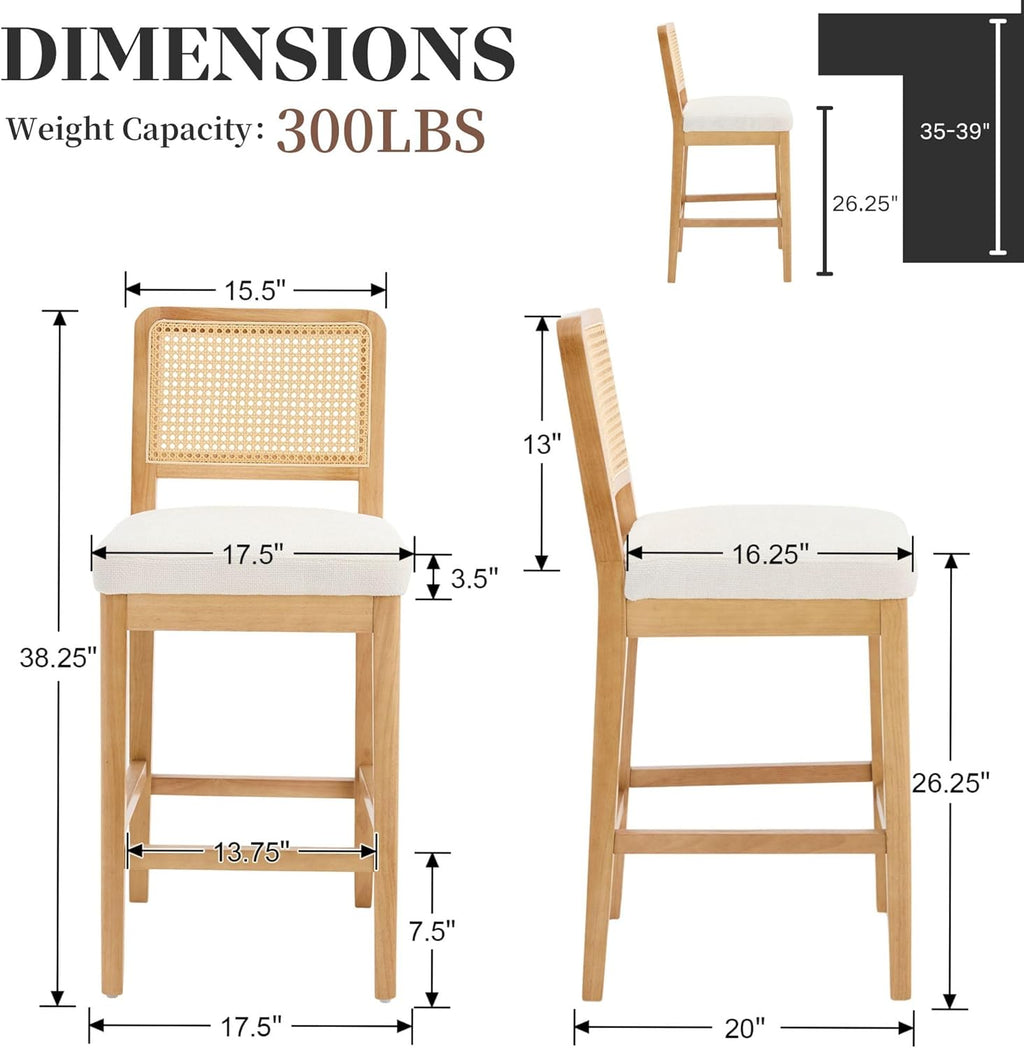 Wahson Counter Height Bar Stools Set of 4, Farmhouse Rattan Bar Stool with Back, Upholstered Wooden Barstools Mid Century Modern Breakfast Bar Chairs for Kitchen Island, Chenille Beige