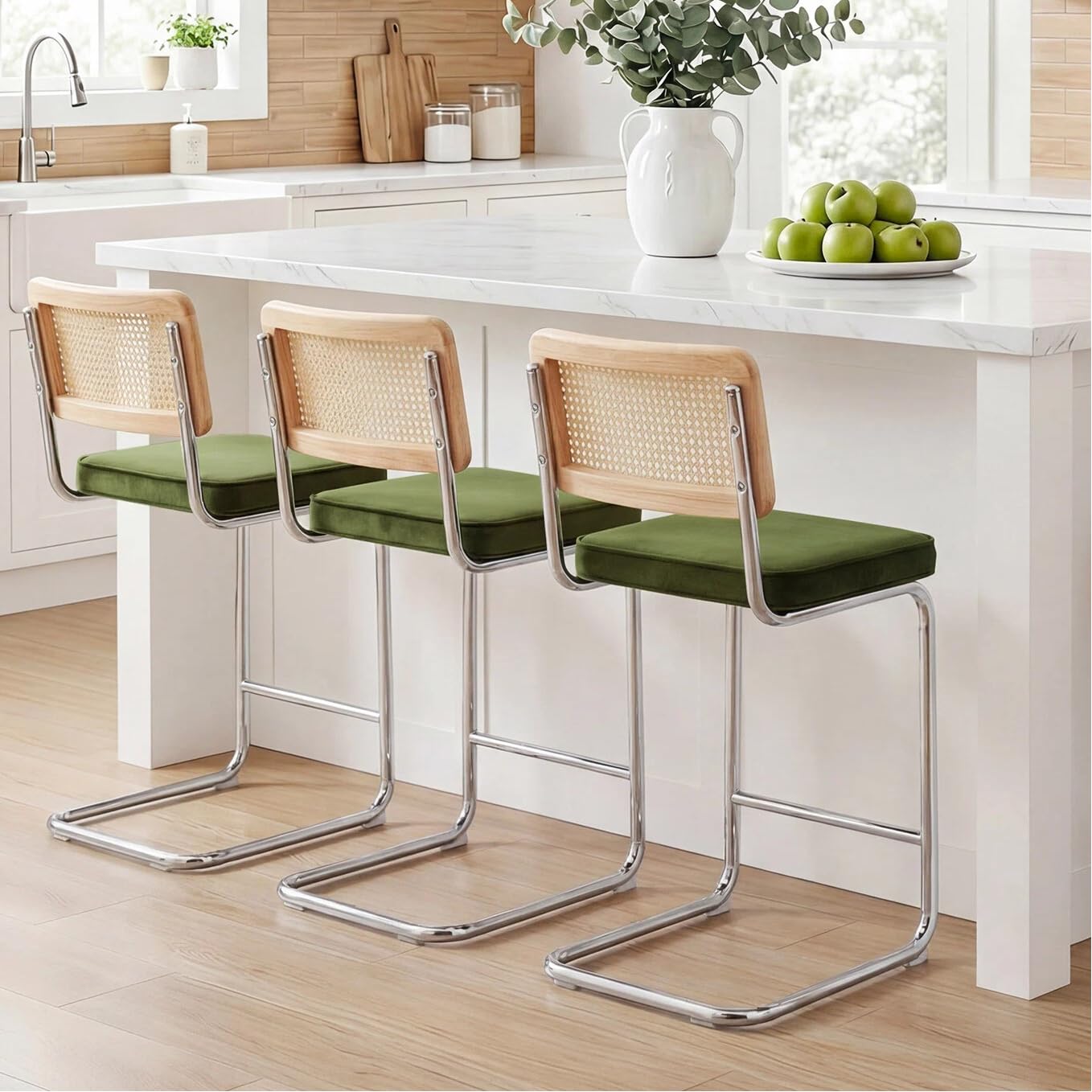 Zesthouse Natural Rattan Bar Stools Set of 2, Modern Counter Height Stools with Solid Wood Back, 26'' Counter Height Chairs, Mid Century Cantilevered Bar Chairs for Kitchen Island, Faux Leather Brown